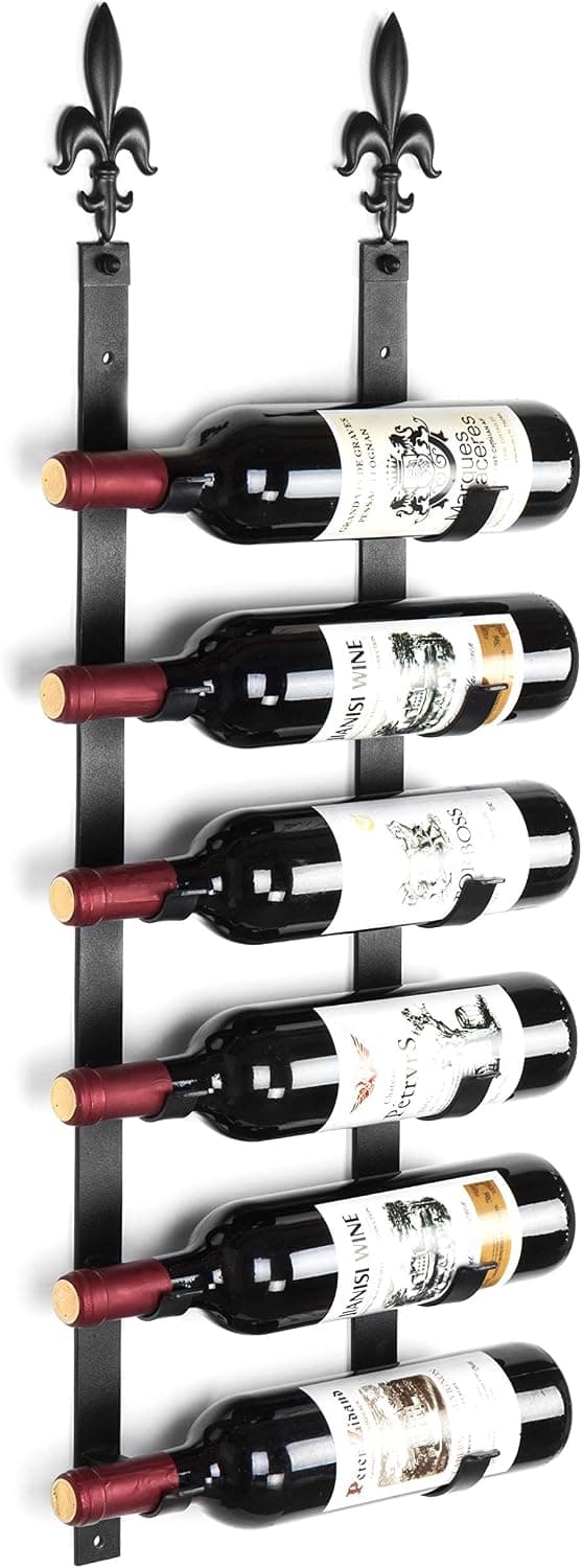 MyGift 6-Bottle Fleur-De-Lis Wall-Mounted Black Metal Wine Rack