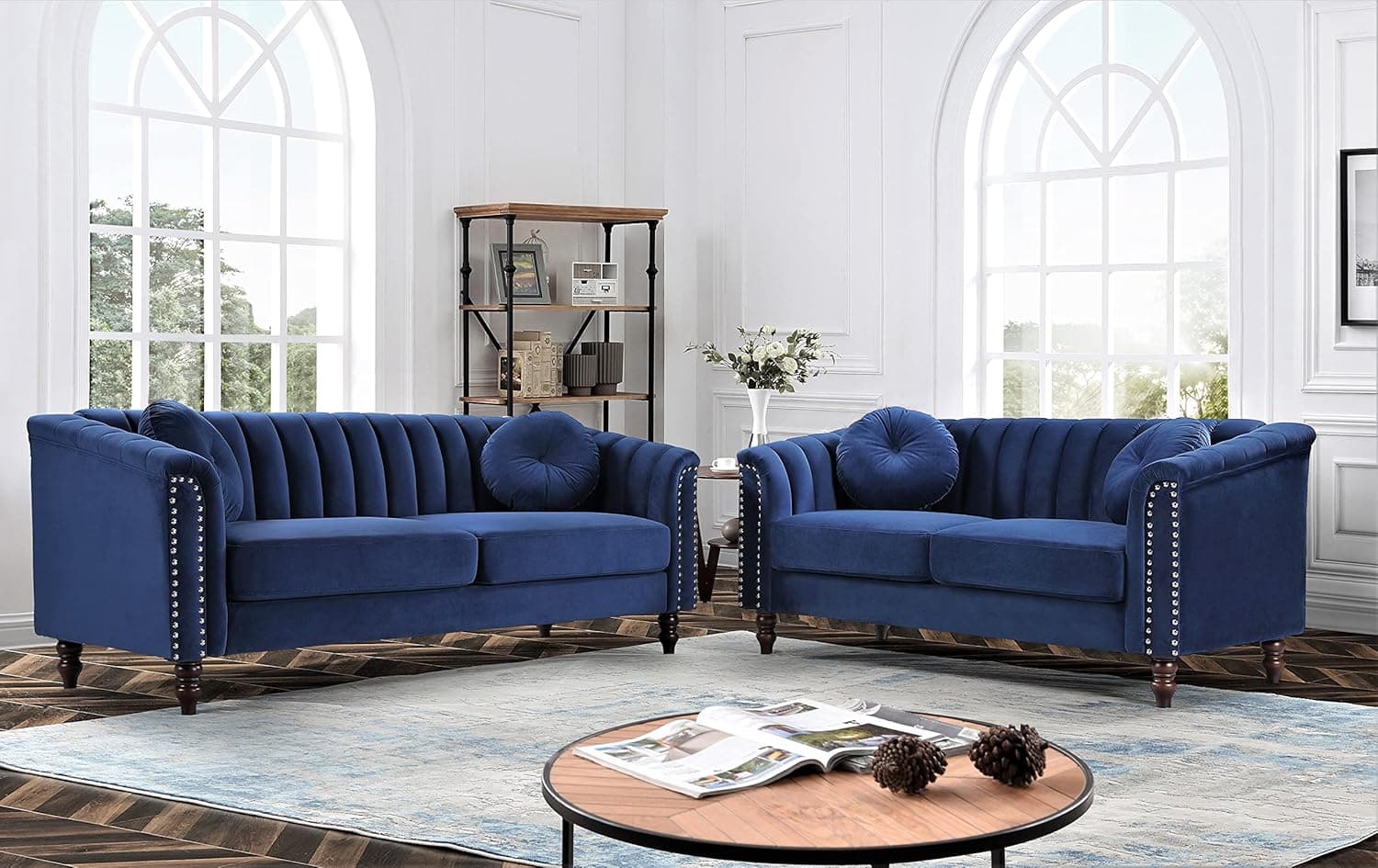 Container Direct Mid-Century Modern Velvet Sofa Chesterfield Inspired Luxury 2 Piece Set for Living Room with Removable Cushions and Turned Wood Legs, Loveseat, Couch, Dark Blue