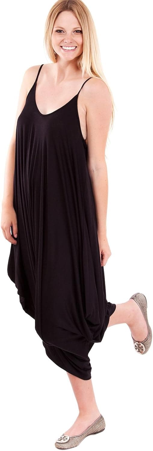 Black Solid Color Ladies Spaghetti Strap Loose Fit Harem Jumper