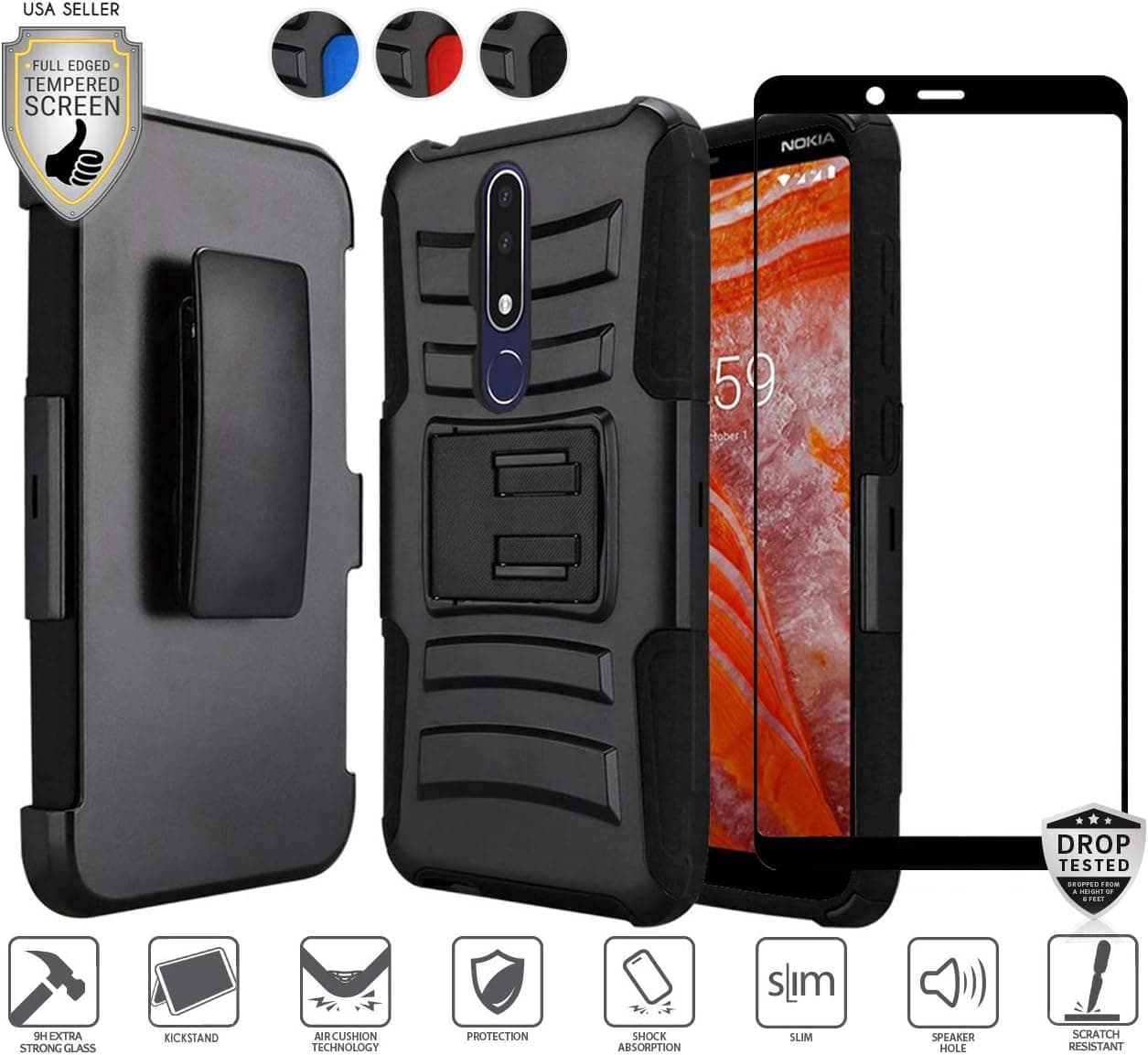 Compatible for Nokia 3.1 Plus Case (Plus Version Only) with Full Edged Tempered Glass Screen Protector, Premium Holster Combo Case [Clip] with Stand [Shockproof] [Armor] [Rugged] Case (Black)
