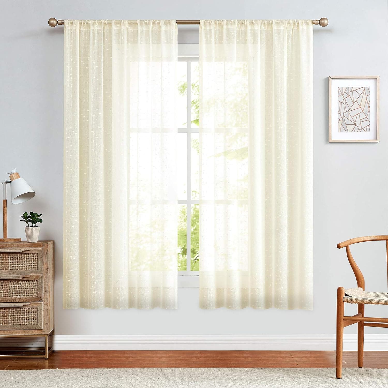 jinchan Sheer Curtains for Bedroom 2 Panels Set Living Room Curtains 63 Inch Length Plaid Semi Sheer Farmhouse Curtains Light Diffusing Rod Pocket Voile Drapes Beige