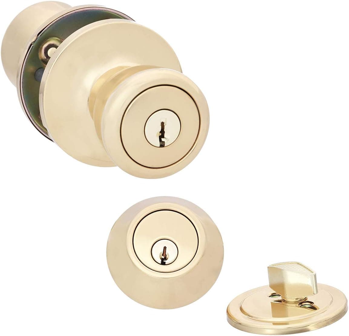Amazon Basics Exterior Door Knob With Lock and Deadbolt, Bell, Polished Brass