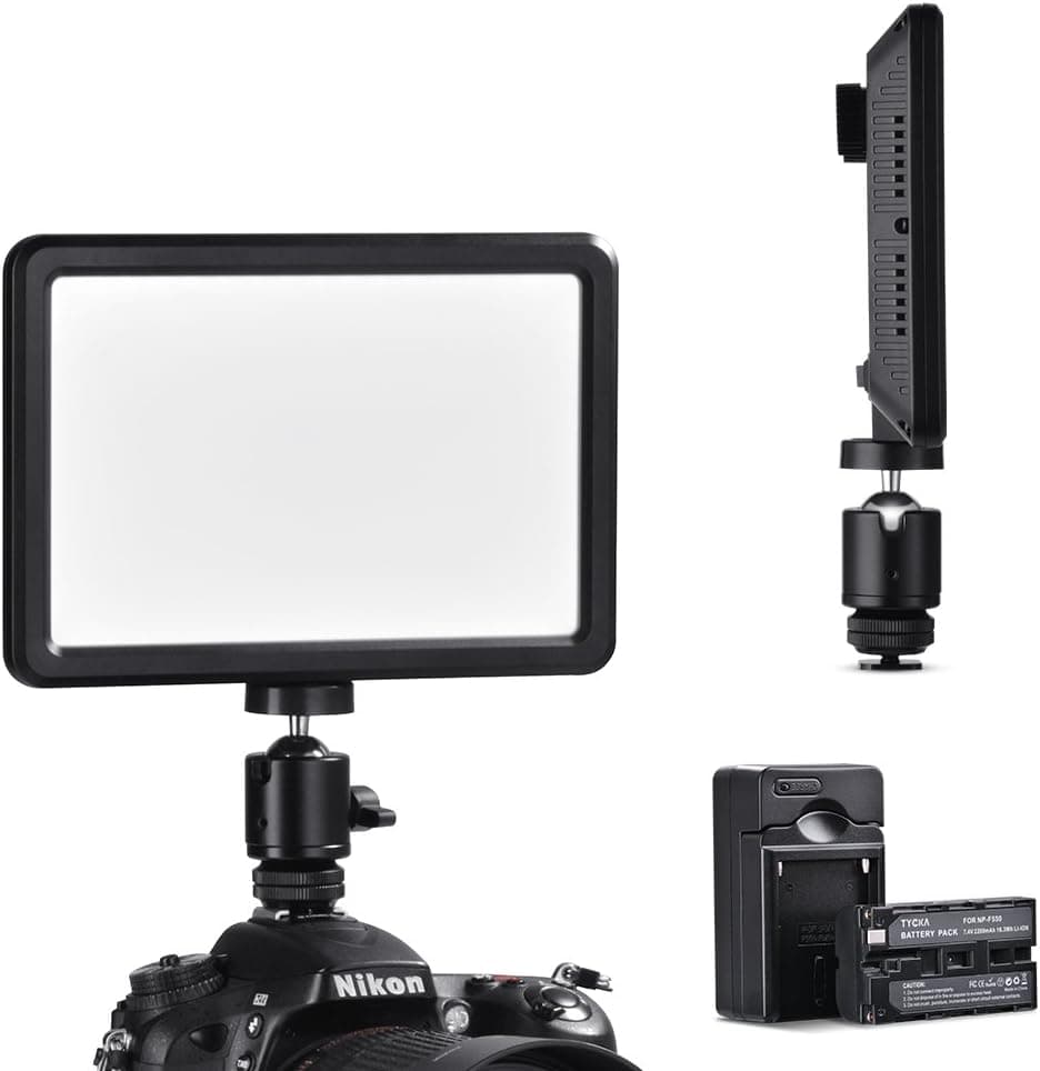TYCKA Camera Ultra-thin Portable 104 Led Video Light with 2200mAh Battery, 16w Stepless Dimmable Lamp lighting Panel, 3000k-6000k, with Battery Charger, 1/4 Screw, No Ghosting, No Glaring, for DSLR DV
