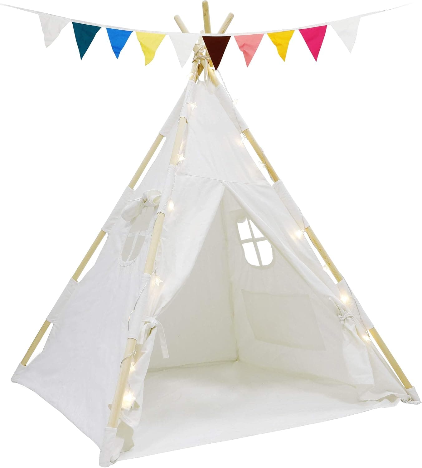 HomGarden Teepee Children Play Tent for Kids, Cotton Canvas Play Tent Indoor Outdoor Playhouse for Boys Girls with Star Light, Colorful Flag, Waterproof Base and Carry Bag, White