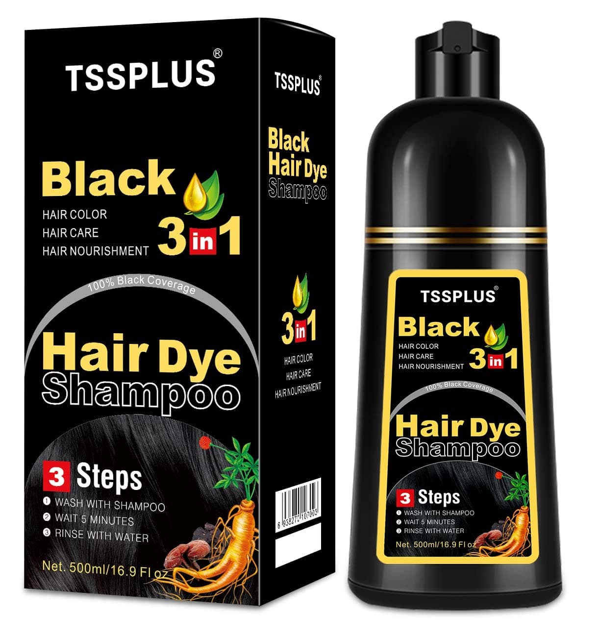 TSSPLUS Professional hair color Instant Black Hair Dye Shampoo for Women Hair Color Shampoo Gray Hair For Men- 100% Gray Coverage - Herbal Ingredients 3 in 1 Black Hair Dye, black hair extensions, hair blackening oil ,hair herbs, Black Shampoo Coloring in Minutes (Black)