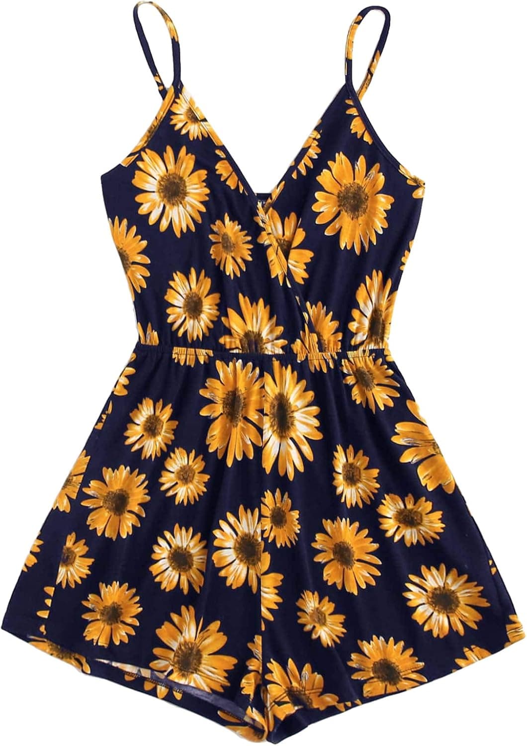 MakeMeChic Women's V Neck Sleeveless Floral Print Twist Knot Back Cami Romper
