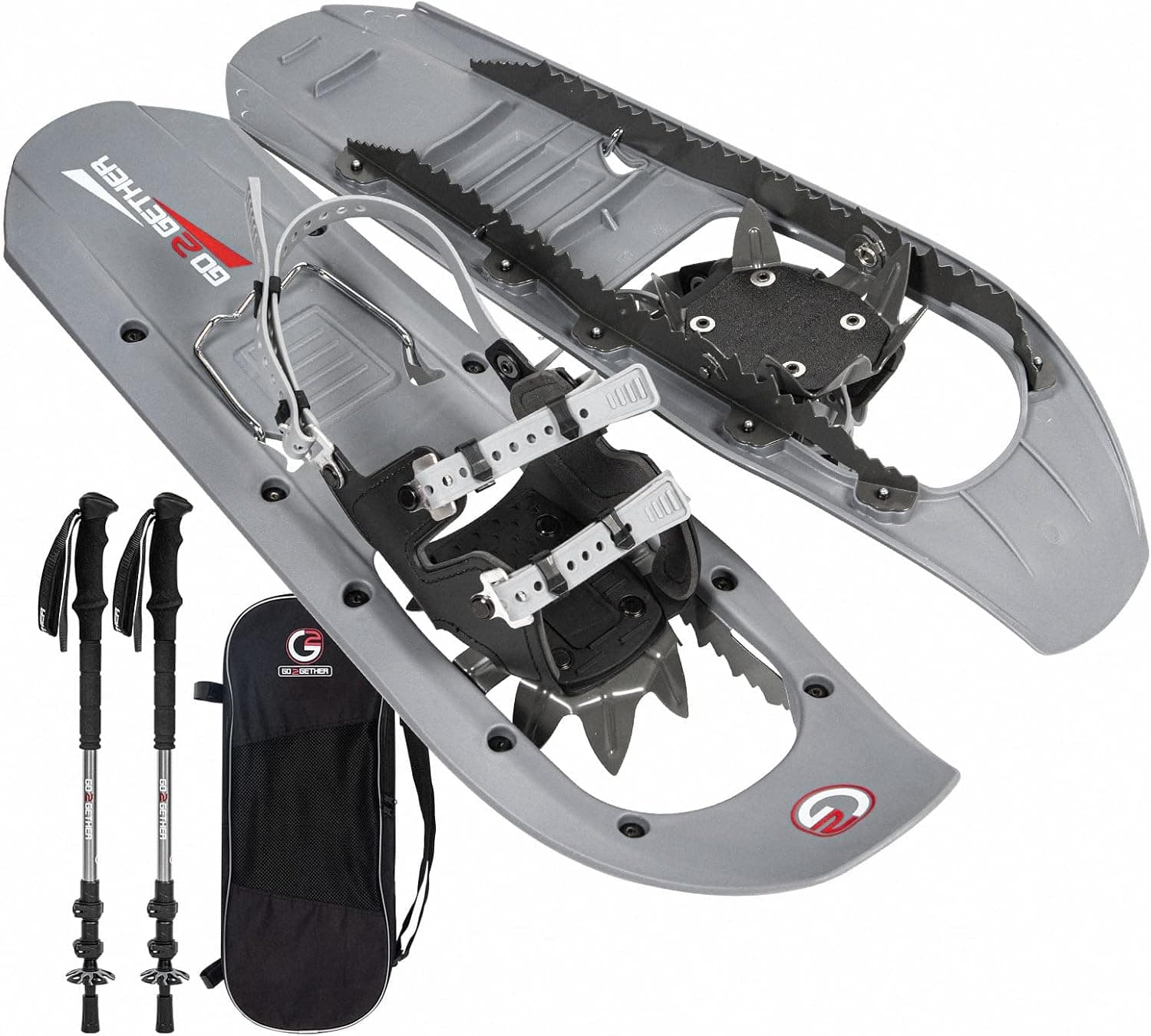 G2 23/25/30 Inch Mountain Terrain Snowshoes with Trekking Poles Set, Special Steel Traction Rails, EVA Foam Padded, Flexible Pivot Bar, Tote Bag, Grey/Blue/Red Available