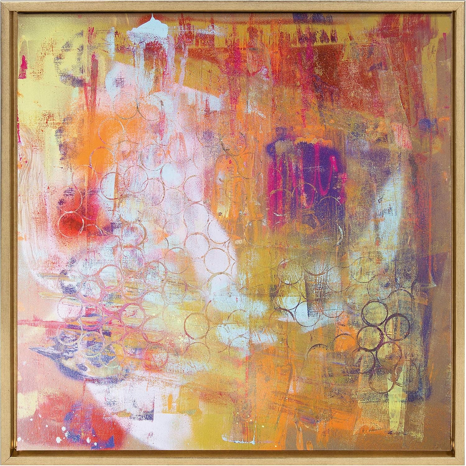 Kate and Laurel Sylvie Gold, Yellow, Orange Pink Geometric Design Abstract Art Print, Square Framed Canvas Wall Art by Grant Mahr, 24x24 Gold