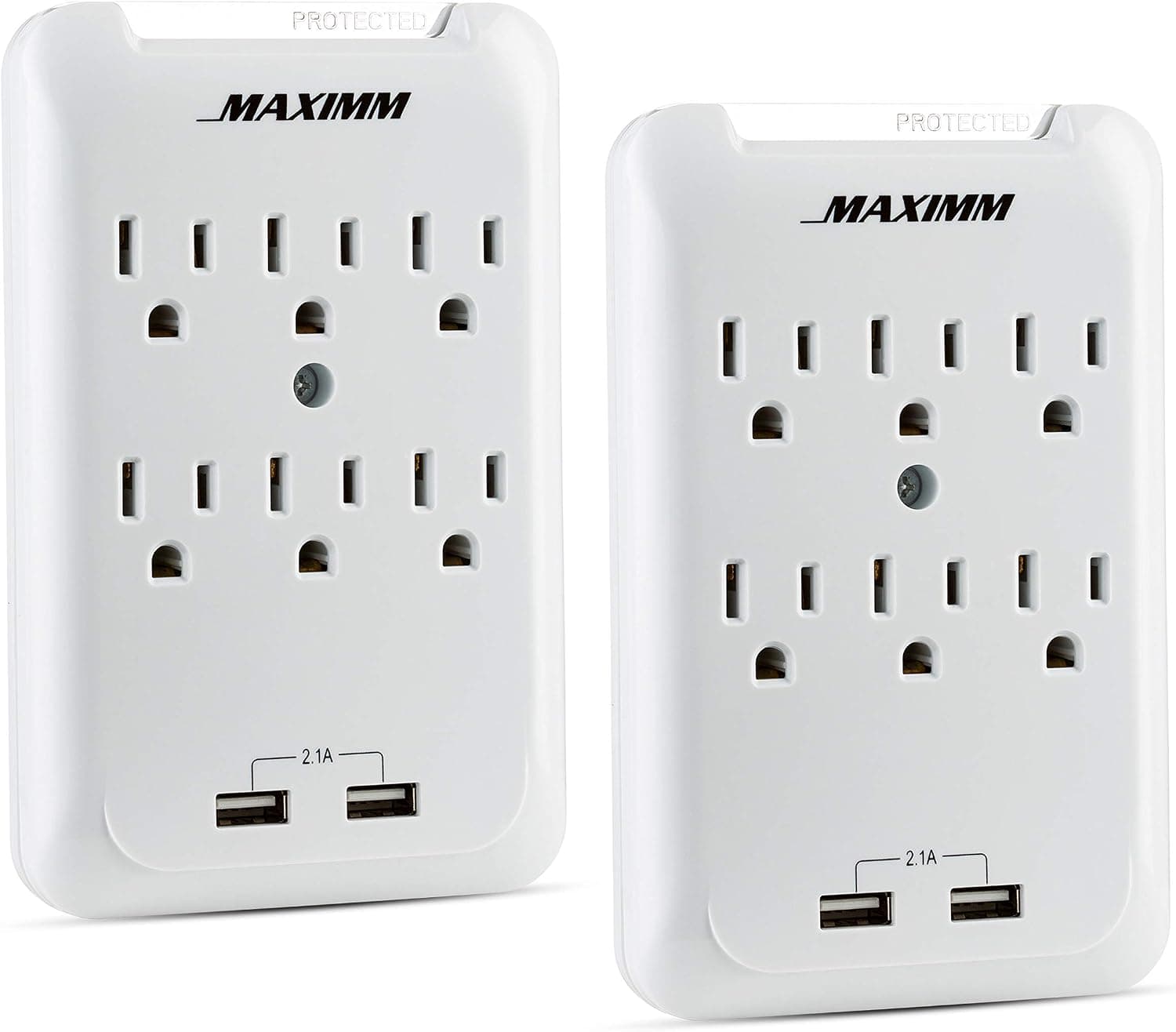Maximm Multi-Outlet Wall Adapter, 2 Pack, 300 Joules Surge Protector, 2-USB Ports 2.1A Wall Charger, Wall Mount Charging Center 6 AC Outlet Wall Mount Adapter, ETL Certified