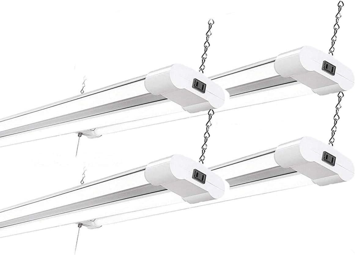 BALTORO 40w LED 4800 Lumen Double Tubes Utility Shop Light 5000K Daylight UL 100w Equivalent Pull on/Off Switch. Garage, Warehouse, Workshop Linkable to 10 (4 Pack)