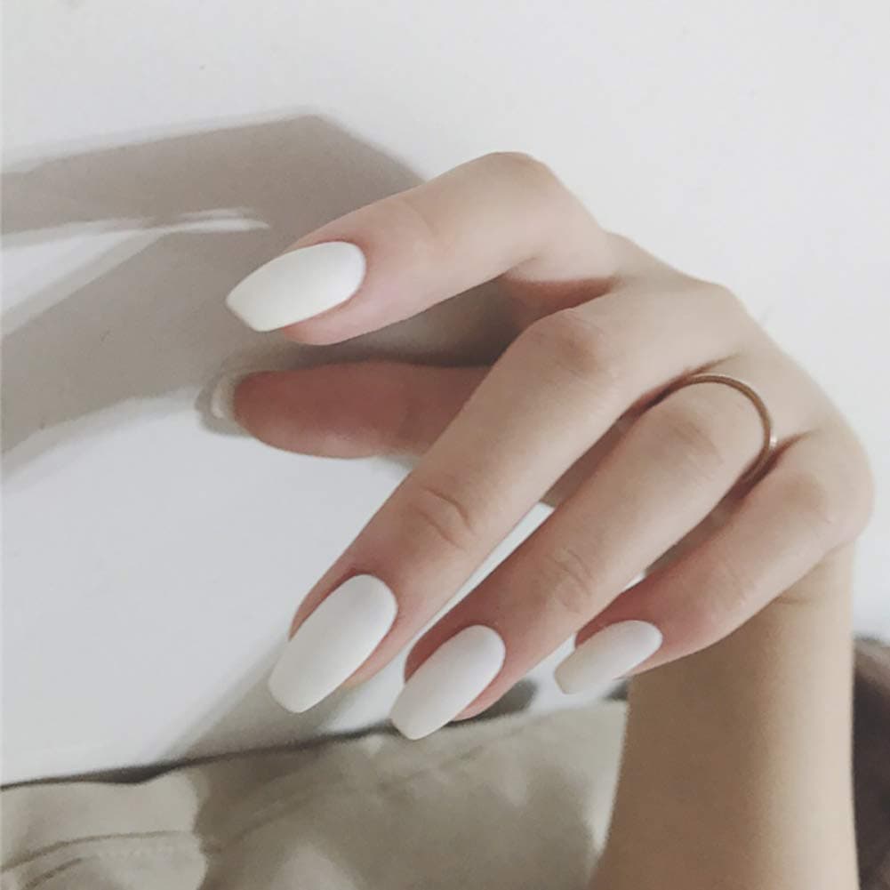 24Pcs False Nails White Frosted Matte Full Cover Medium Ballerina Square Coffin Natural Fashion Acrylic Fake Nail for Women and Girls