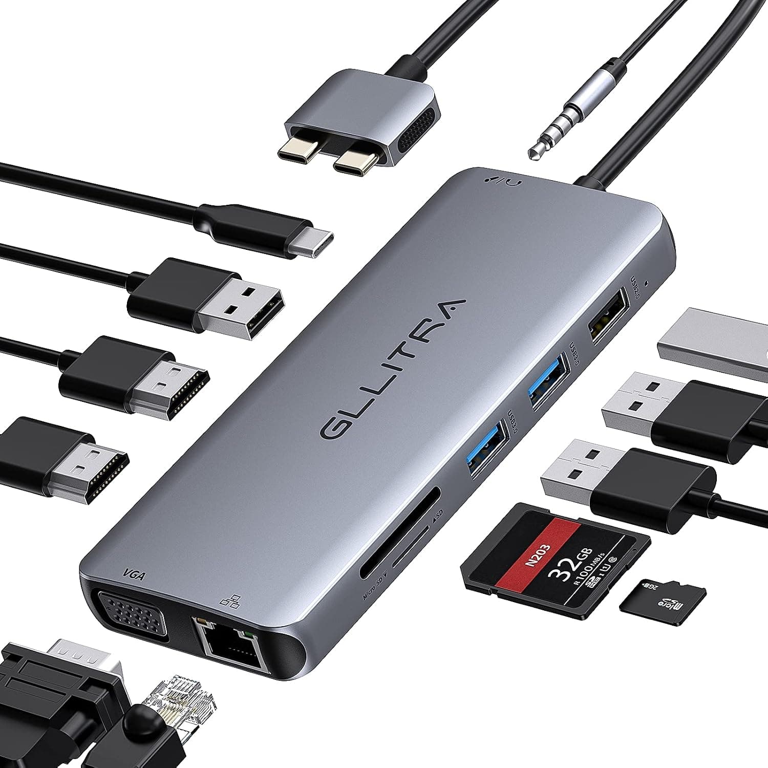 MacBook Pro Docking Station, GLLITRA Dual Monitor MacBook Pro HDMI Adapter, 12 in 2 USB C Hub with 2 HDMI, VGA, 100W PD, Ethernet, SD TF, 4 USB Port, Mic/Audio, Triple Display Adapter for MAC System