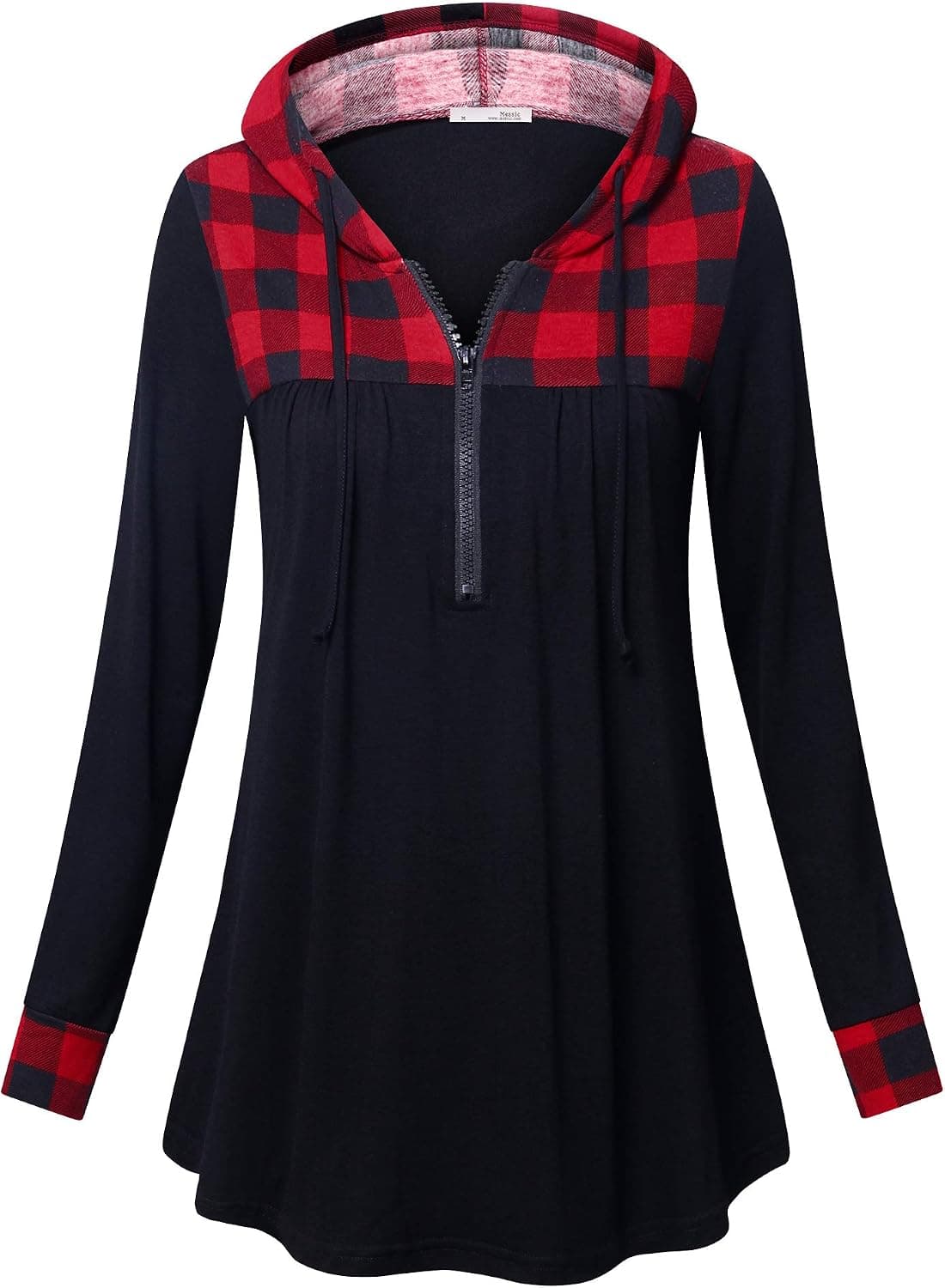 Messic Women's Zip V Neck Casual Lightweight Tunics Long Sleeve Plaid Shirts Tops