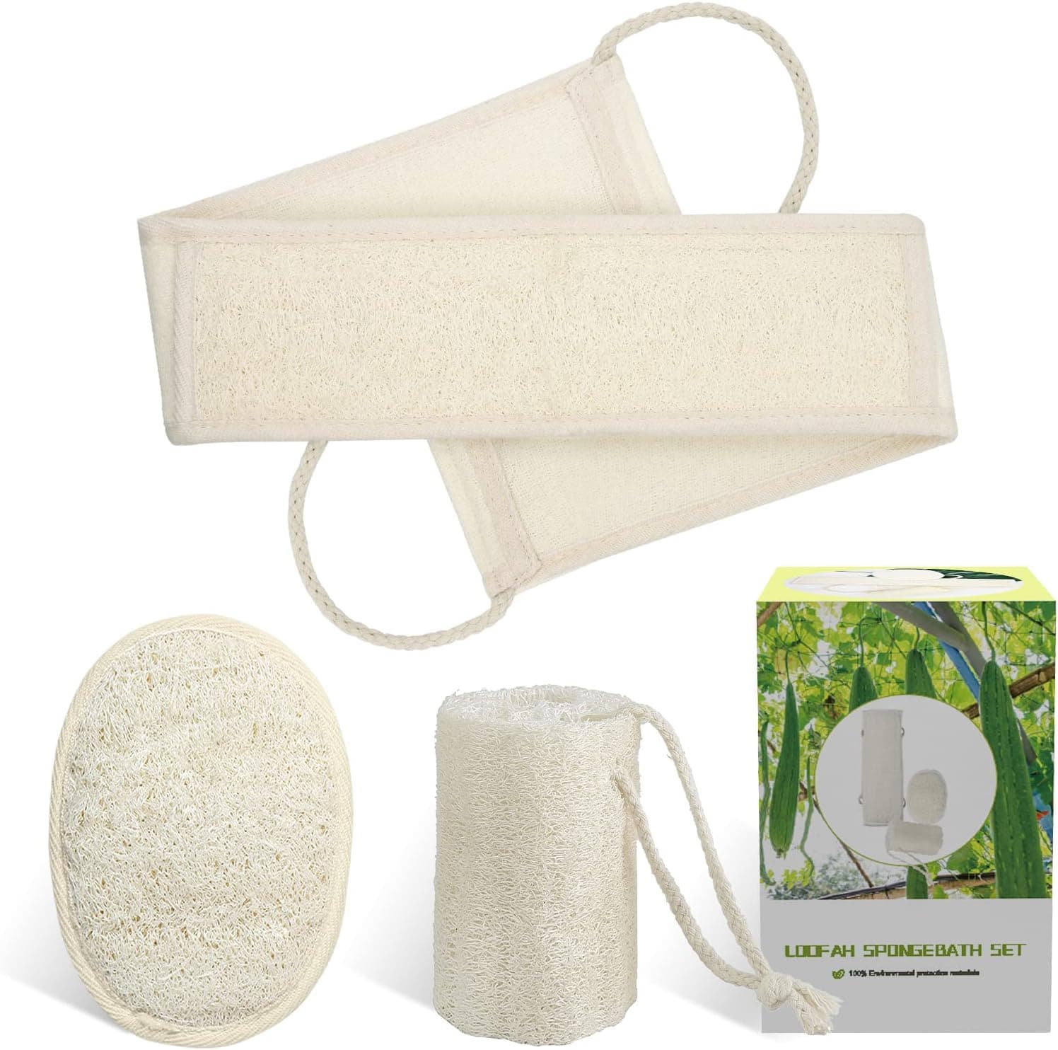 Natural Loofah Sponge Set，Exfoliating Bath Sponge, Body Shower Skin Cleansing Wash Sponge and Scrubbing Sponge for Kitchen(3 pcs)