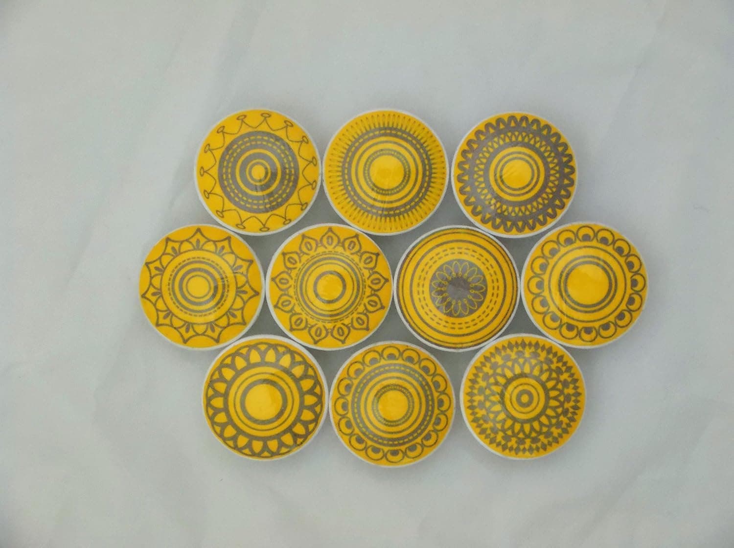 Set of 10 Yellow and Gray Mandala Cabinet Knobs
