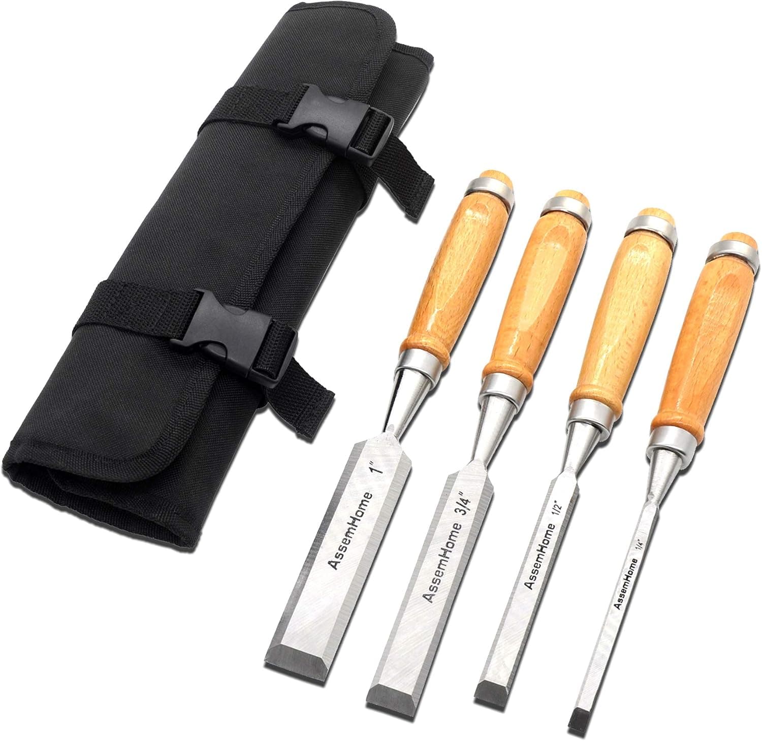 4pcs Wood Chisel Professional Woodworking Tools Wood Handle Chisel Tool Set with Storage Bag for Wood Carving（1/4", 1/2", 3/4", 1"）