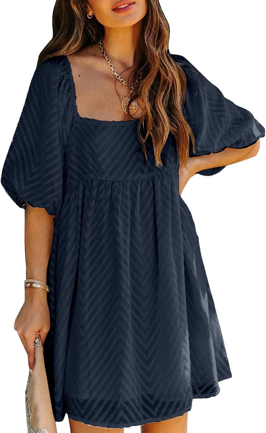 Happy Sailed Women Summer Fall Square Neck Ruffle Hem Flowy Shift Babydoll Mini Dress