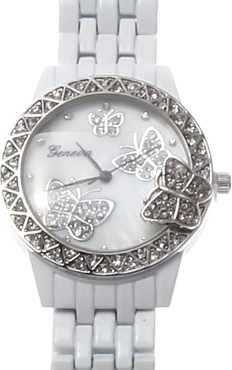 White Enamel Geneva Rhinestone Crystal Butterfly Mother of Pearl Watch