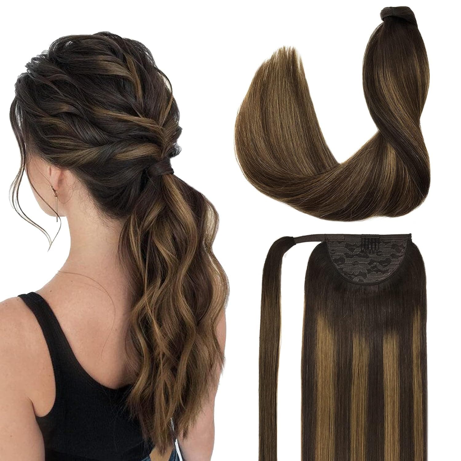 Hair Extensions Human Hair Ponytail Extensions Balayage Dark Brown to Chestnut Brown 22 Inch 90g DOORES Remy Hair Extensions Real Hair Ponytail Extension Invisible Ponytail Hair with Magic Paste