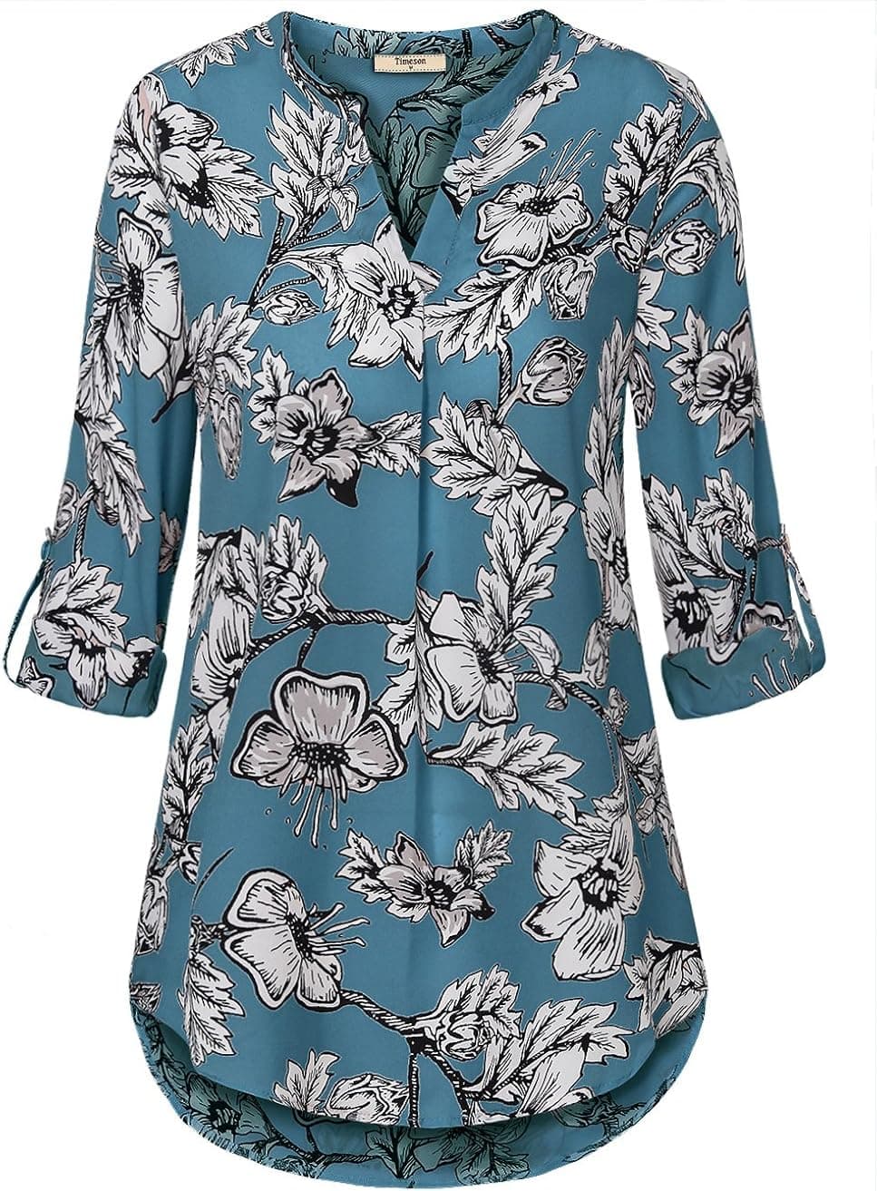 Timeson Women's Casual Chiffon V Neck Cuffed Sleeve Blouse Tops (XX-Large, Blue White)