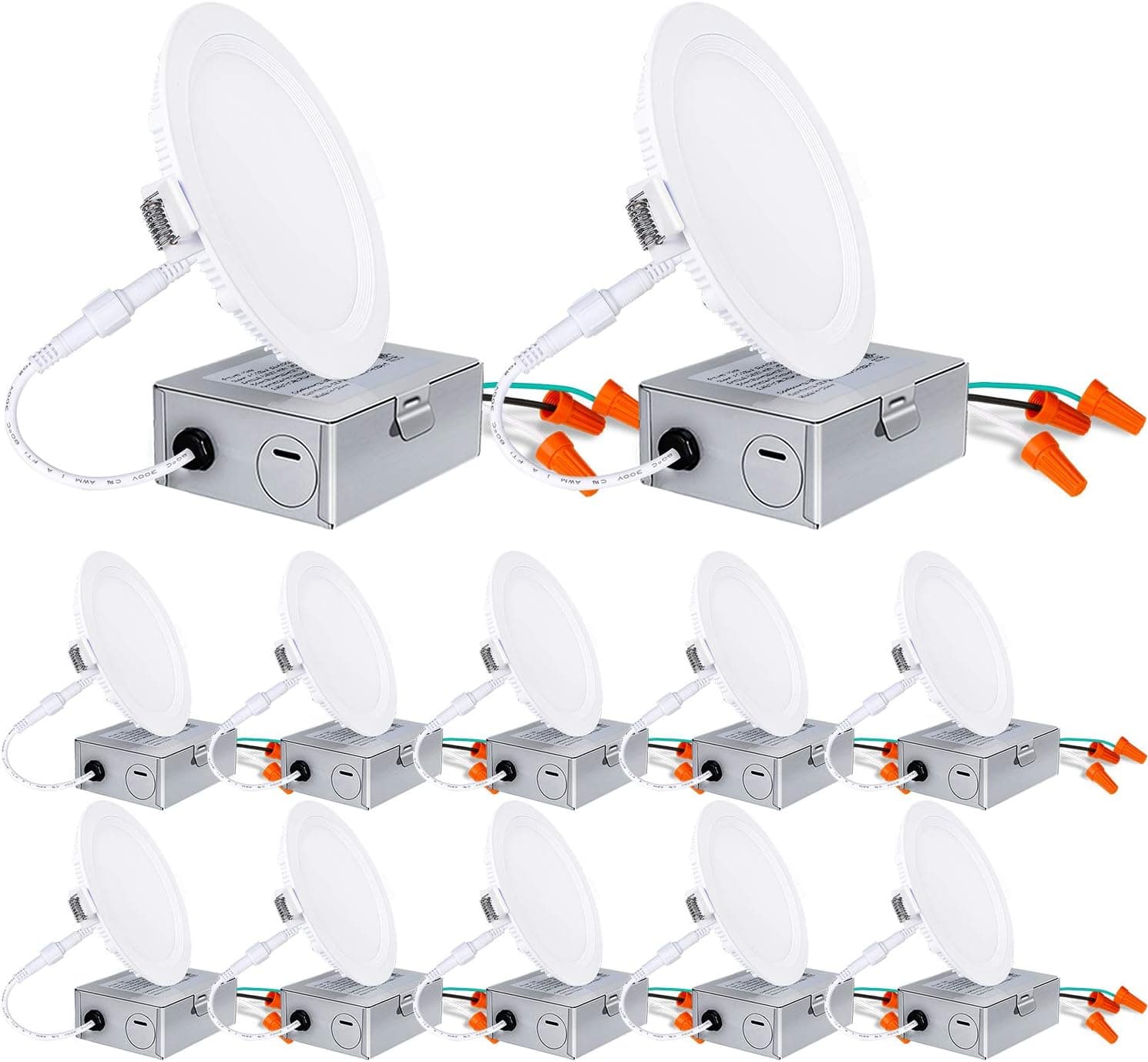 4 Inch Slim LED Recessed Lighting with Junction Box, Baffle Trim, 12 Pack, 10W= 80W, 3000K Warm White, 650lm Dimmable Wafer Light, Canless Soffit Lighting for Shallow Ceiling, ETL