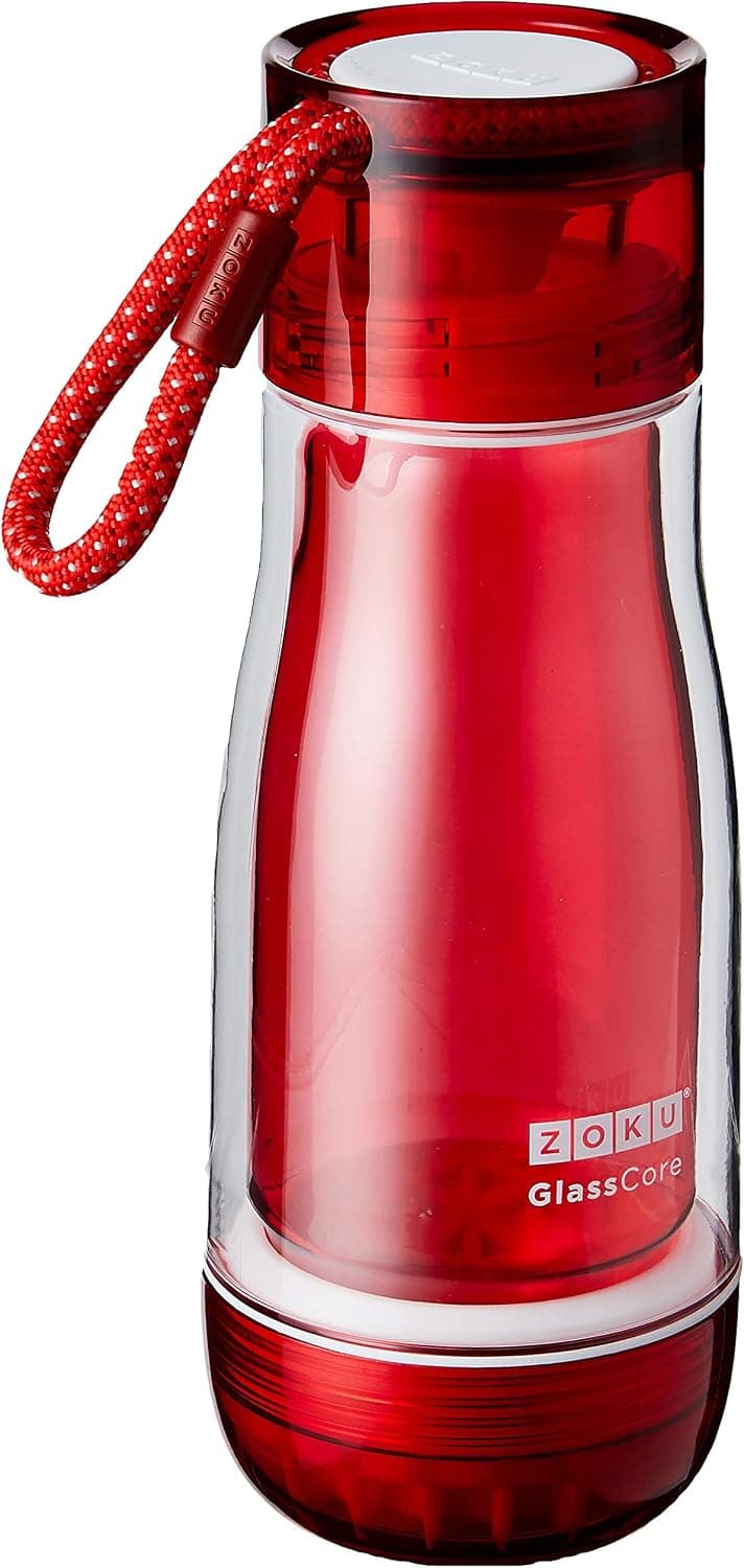 Zoku 12oz Glass Core Bottle, Red | Double-Wall Suspended Durable Glass | Leakproof Hygienic Locking Cap with Paracord Lanyard | Large 1-1/2 Inch Diameter Mouth Opening