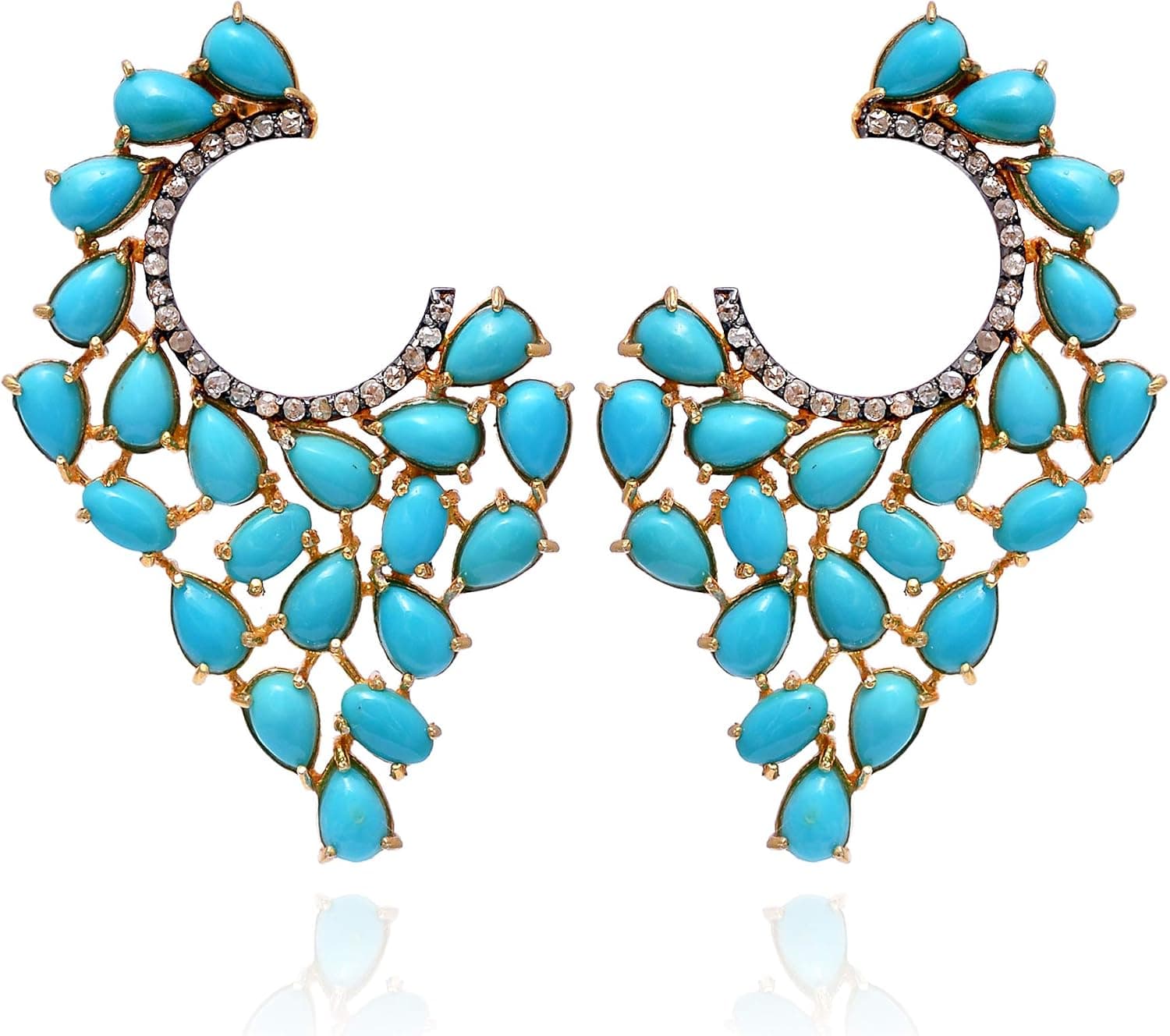 Shweta Creations Turquoise Diamond Stud Half Moon Design Earrings With 14K Gold Fine Post 925 Sterling Silver Turquoise And 0.45 Carat Brown Natural Diamond (I2-I3 Clarity) For Women