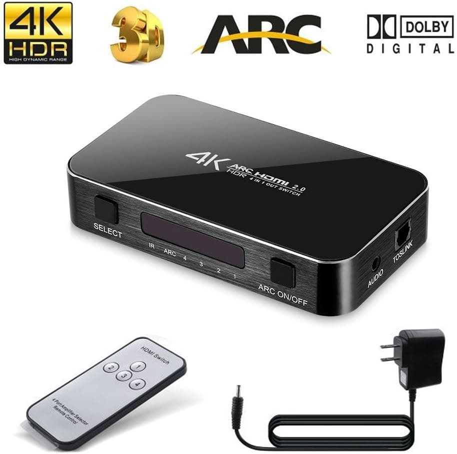 eBerry 4-Port HDMI Switch, HDMI 2.0 Switcher Box Selector with IR Wireless Remote Control and Power Adapter, Support 4K@60Hz, 1080P, 3D, DTS-HD/Dolby-TrueHD/DTS/Dolby-AC3 (Black)