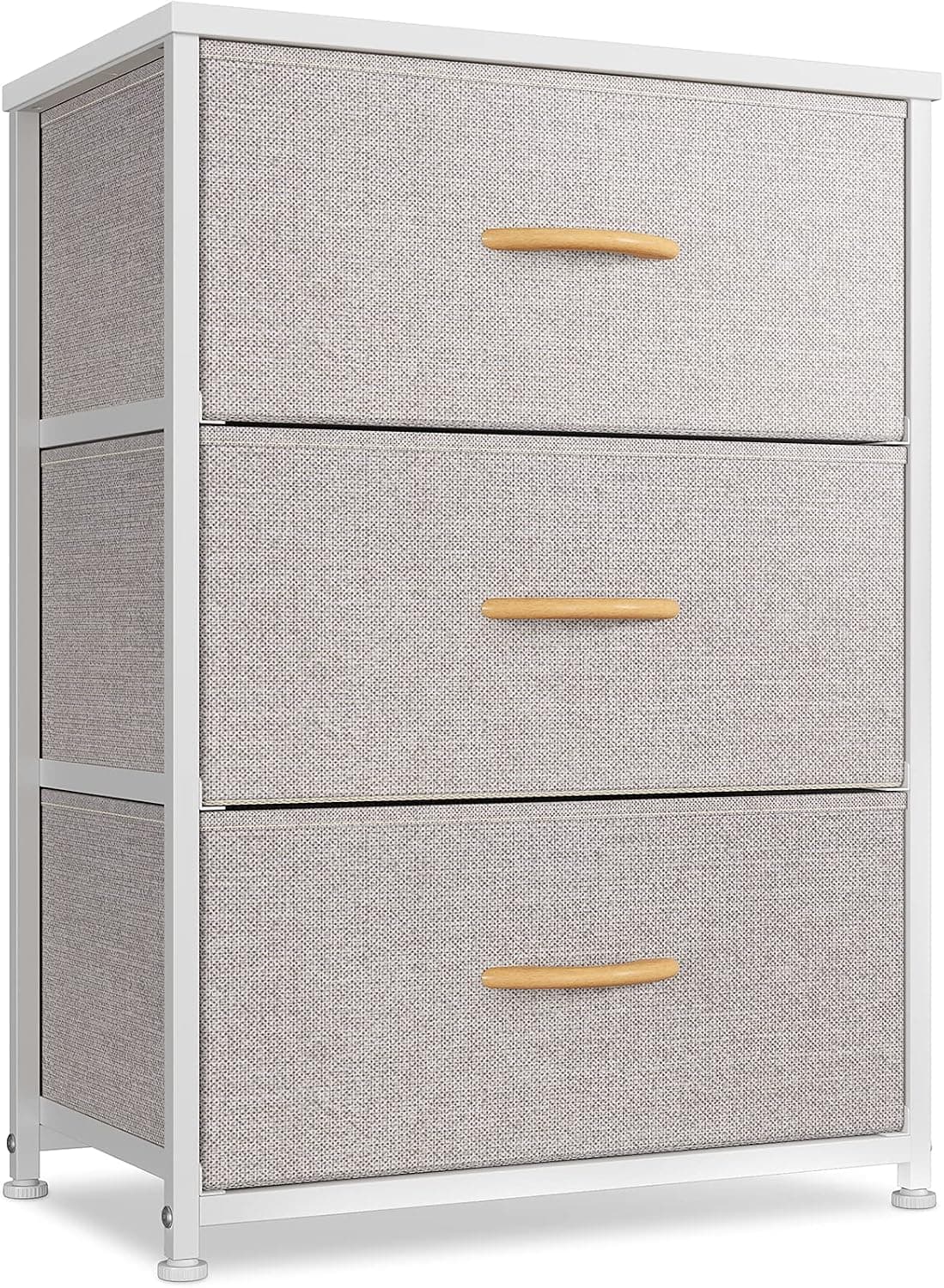 CubiCubi Dresser Nightstand for Bedroom, Small Kids Bedroom Fabric Tall Dresser 3 Drawer Storage Tower Organizer Unit for Hallway Entryway Closets, Steel Frame Wood Top, Light Grey