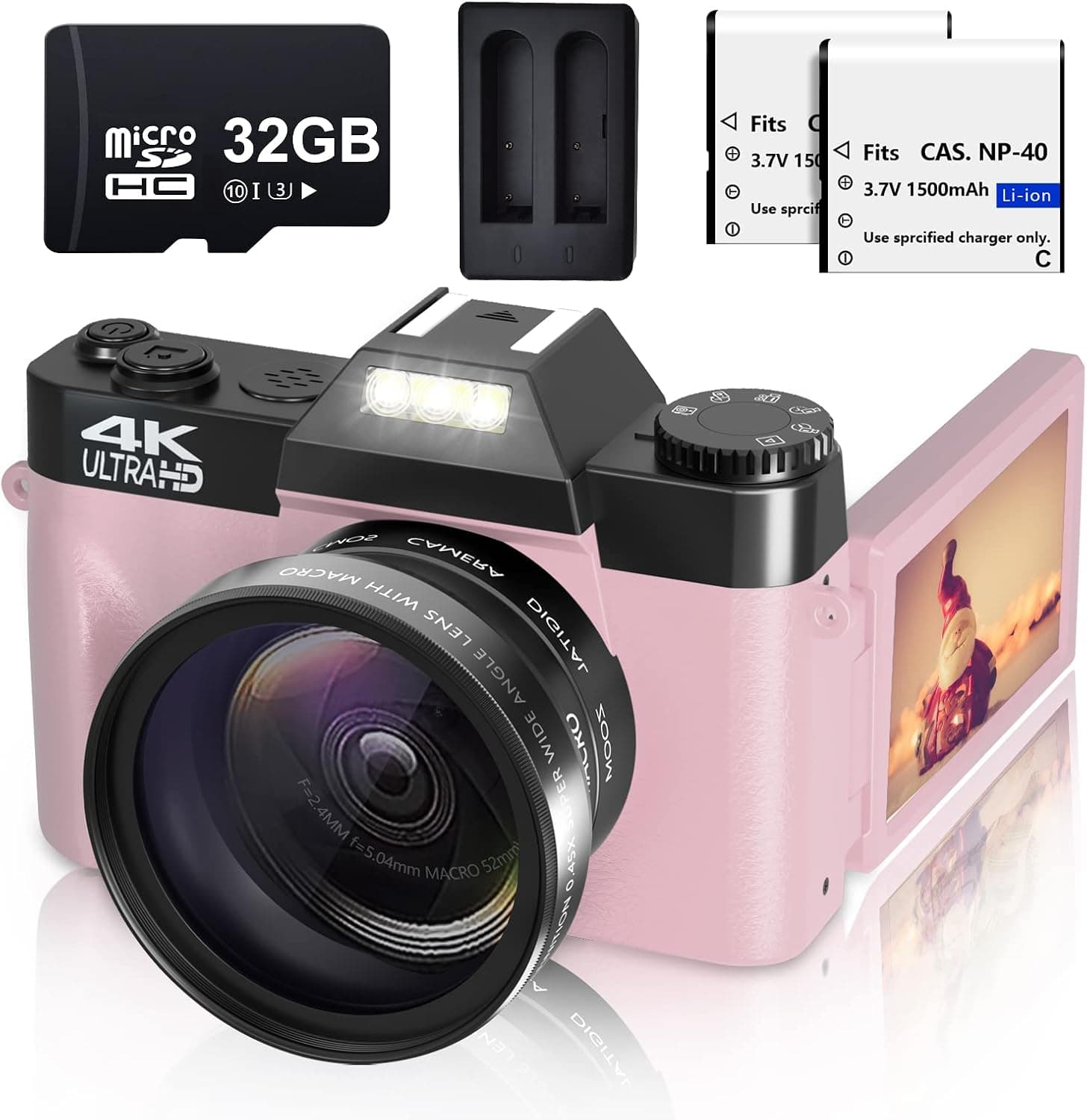 Digital Camera for Photography 48MP Vlogging Camera for YouTube with Flip Screen, VJIANGER 4K Photography Camera with 16X Digital Zoom, 52mm Wide Angle & Macro Lens, 2 Batteries, 32GB TF Card（Pink）