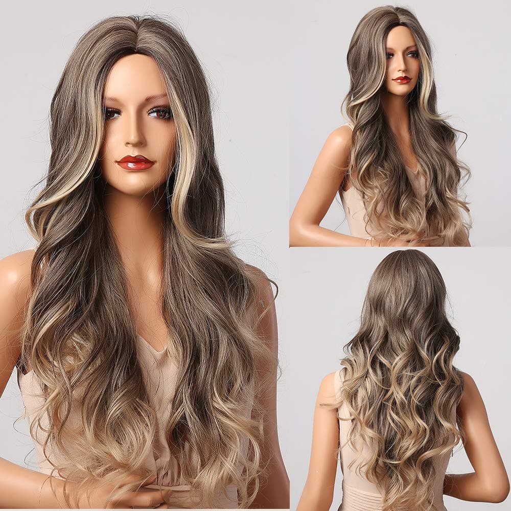 PL TREASURE HOME, Long Wave Wig, Ombre Brown Blonde Wig, Daily Party Cosplay Heat Resistant Fiber Wig (30 in)