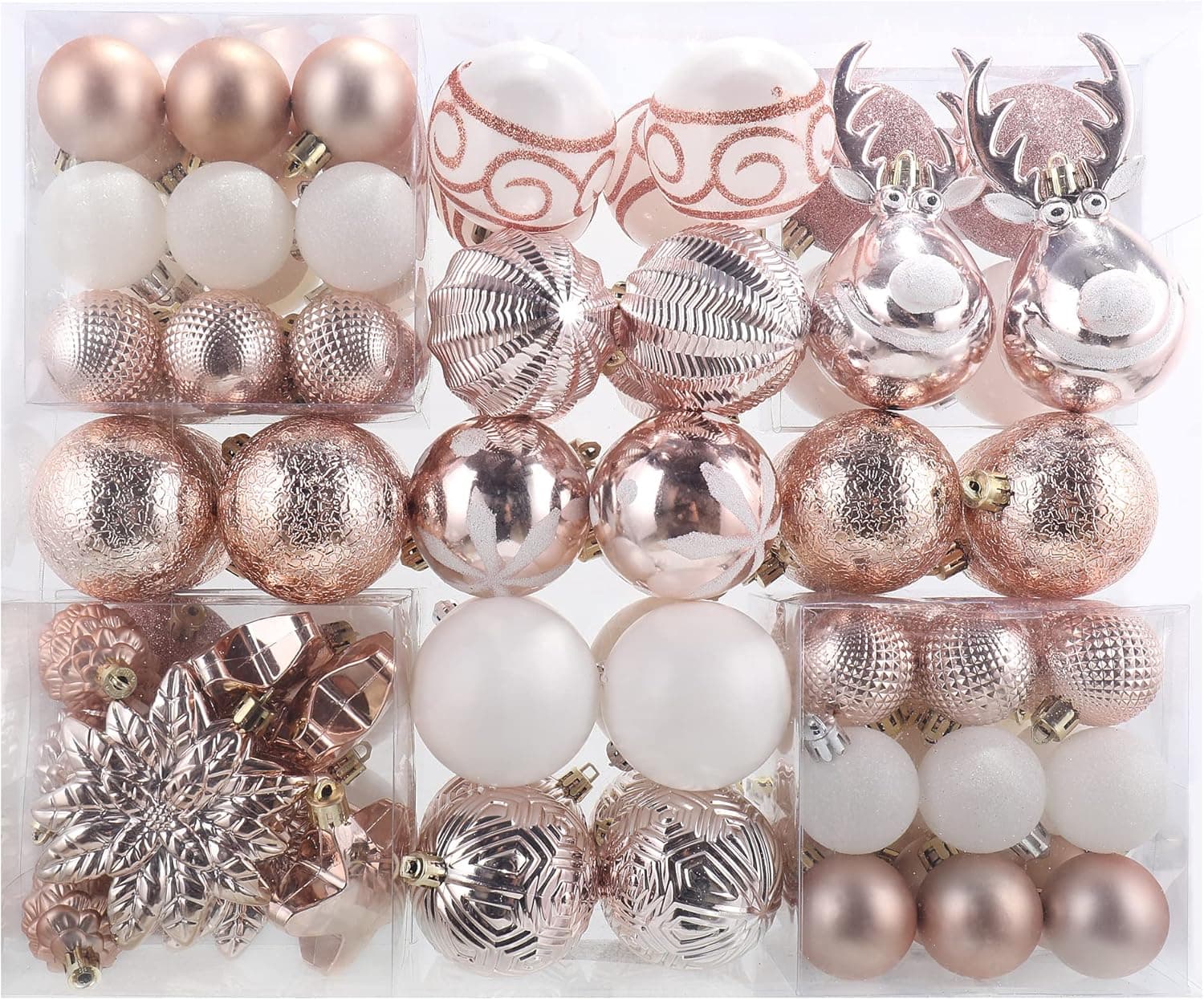 MOWARM 100-Pack Various Shatterproof Christmas Balls， Christmas Decorative Ball Ornaments with Gift Package for Xmas Tree- Rose Gold