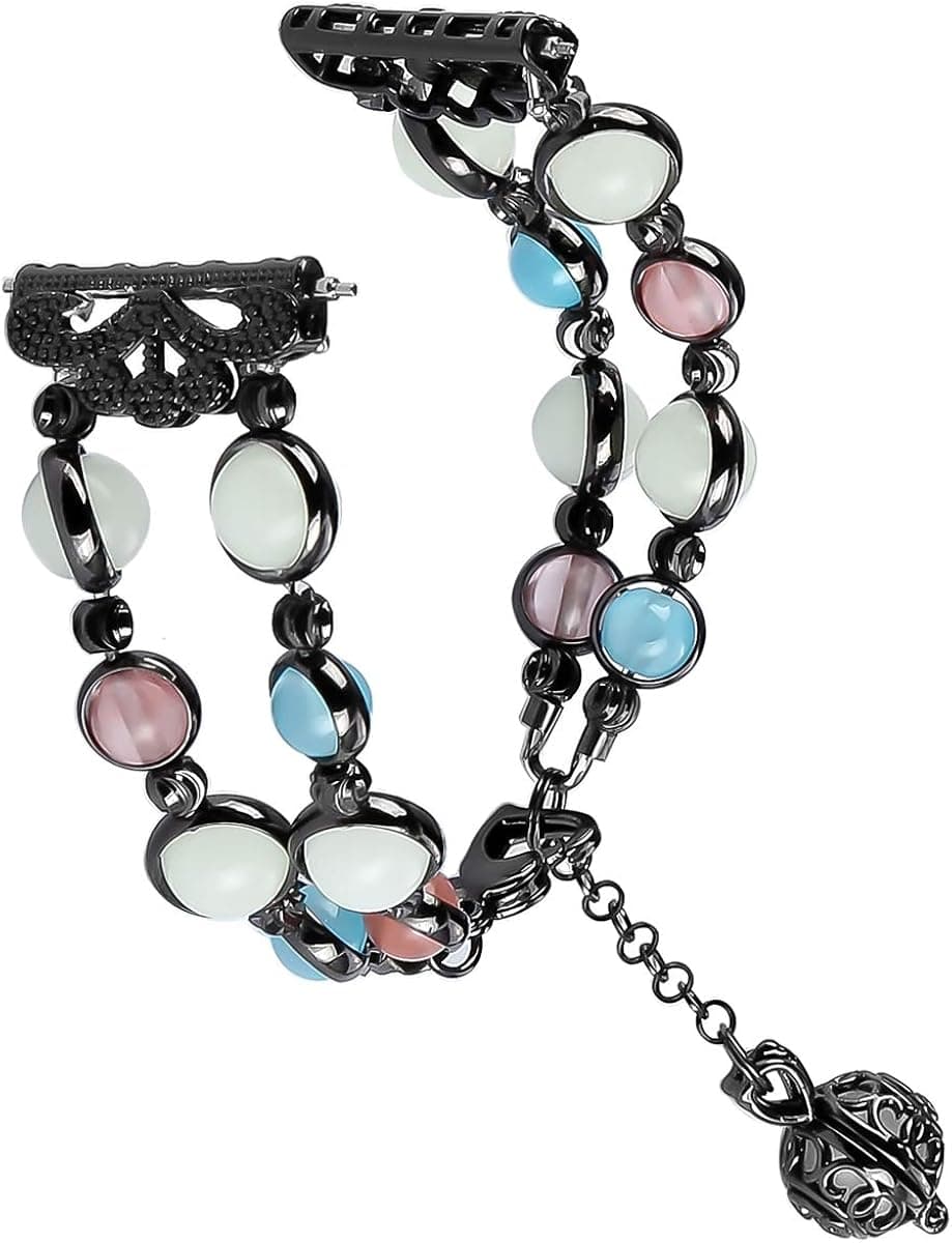 IMYMAX for Fitbit Versa Band Adjustable Handmade Night Luminous Pearl Bracelet with Essential Oil/Perfume Storage Pendant for Women/Girls Replacement for Fitbit Versa Smart Watch(Black Fluorescent)