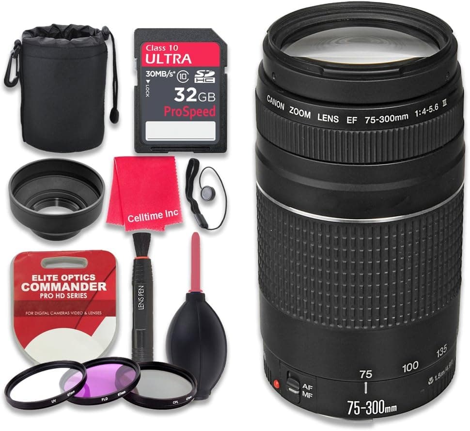 Canon EF 75–300mm f/4–5.6 III Lens with 32GB Ultra Pro Speed Class 10 SDHC Memory Card + 3pc Filter Kit (UV-FLD-CPL) + Deluxe Sleeve + Celltime Microfiber Cleaning Cloth - International Version