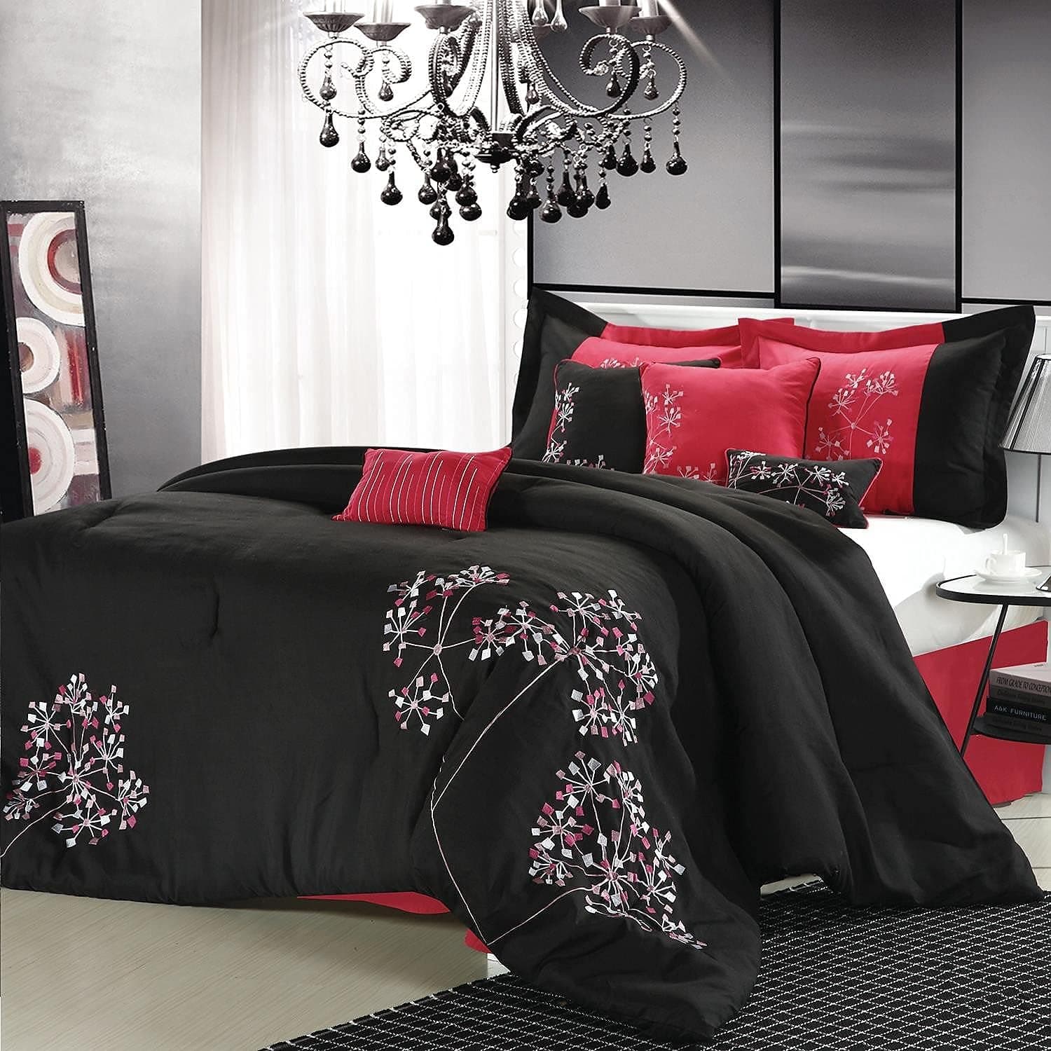 Chic Home Pink Floral Black Comforter Bed in A Bag Set - King 8 Piece