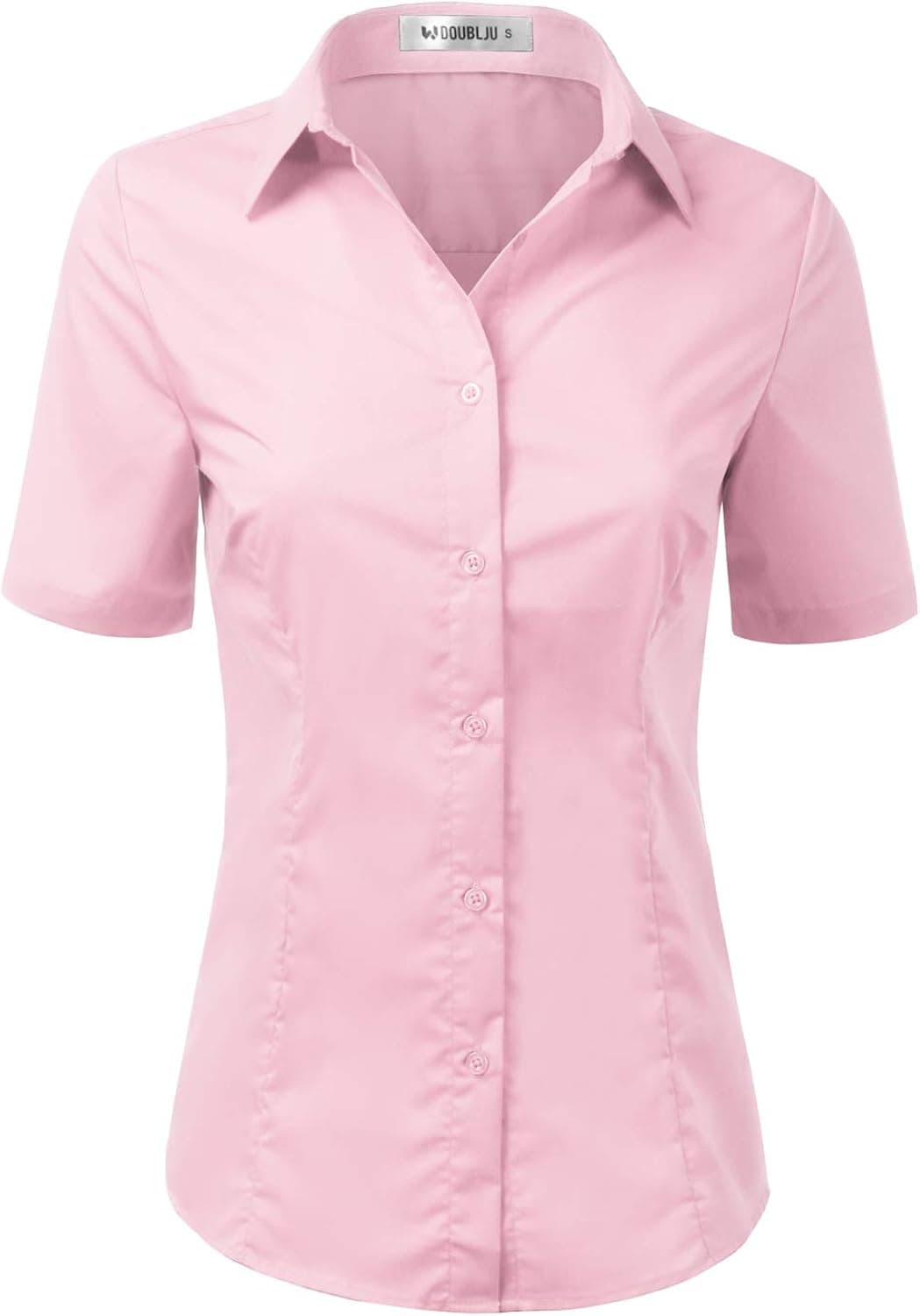 DOUBLJU Womens Slim Fit Plain Classic Short Sleeve Button Down Collar Shirt Blouse