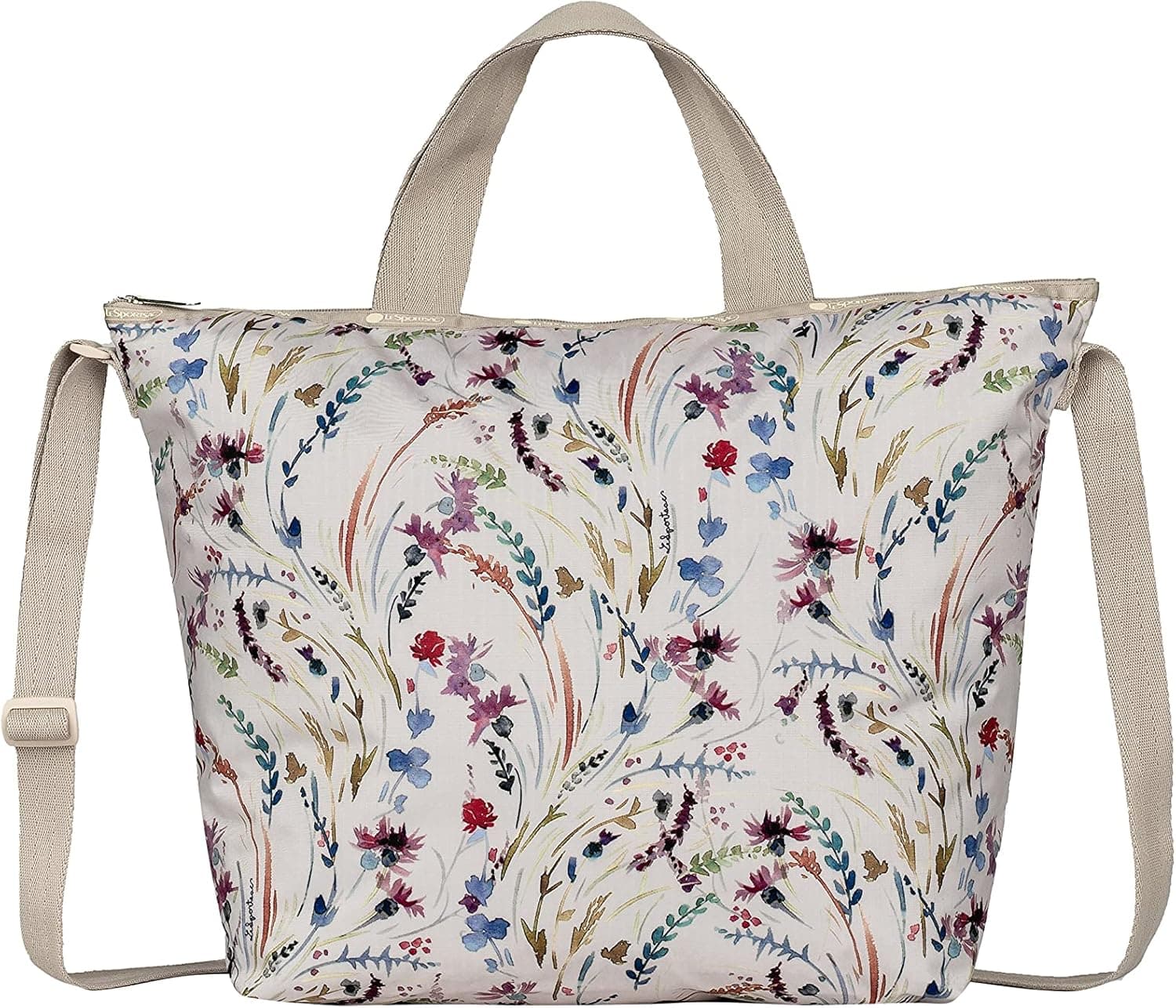 LeSportsac Windswept Floral Deluxe Easy Carry Tote Crossbody + Top Handle Handbag, Style 2431/Color F802, Romantic & Colorful Wispy Watercolor Style Floral, Neutral Ivory Bag & Trim