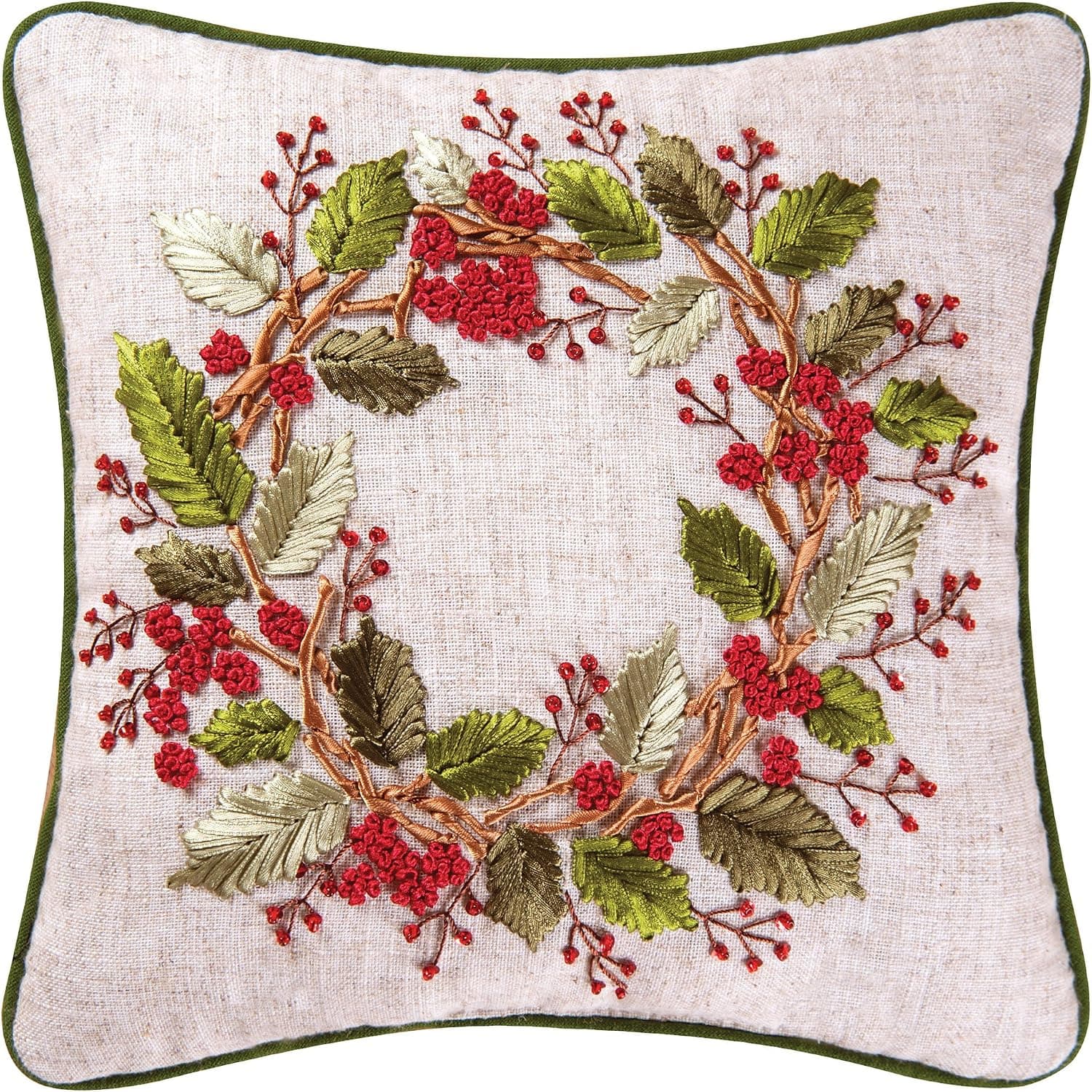 C&F Home Berry Wreath Christmas Botanical Holiday Xmas Handcrafted Red Green Premium Ribbon Cotton Art Throw Pillow 12 x 12 Multi