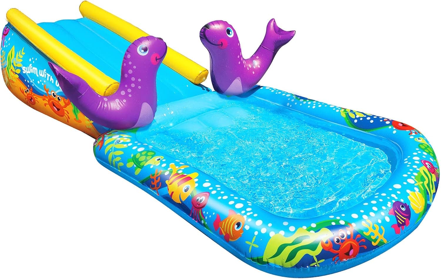BANZAI Inflatable Outdoor My First Cushion Water Slide Ramp and Splash Pool with Inflatable Seal Sprinkler Sprayers for Kids Ages 2+