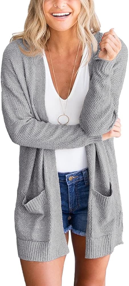 Coololi Women's Open Front Cardigan Sweater Lightweight Long Sleeve Waffle Knitted Coat with Pockets