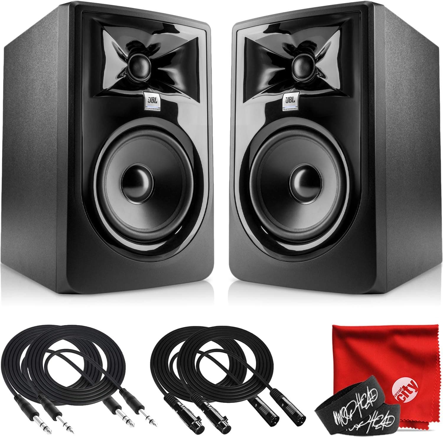 JBL Professional 305P MkII Next-Generation 5-Inch 2-Way Powered Studio Monitor Pair Bundle with 2x Mophead 10-Foot TRS Cable, 2x 10-Foot XLR Cable, 2x Cable Ties and Microfiber Cloth
