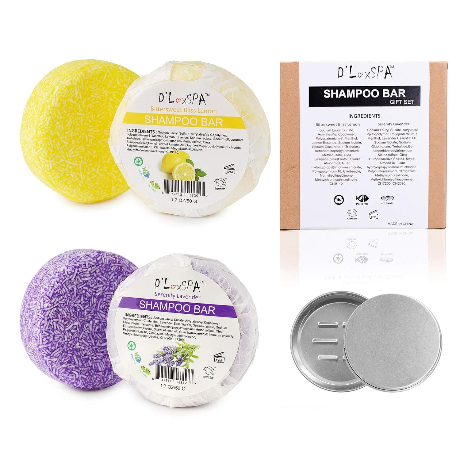 DLuxSpa Solid Shampoo Bar for Hair Travle Gift Set - Essentials Kit Travel Hair Bar Soap Box - 3-Packs Set - Lemon and Lavender 1.7oz with Tin Container ECO Friendly No Plastic and Zero Waste (LMLVTN)