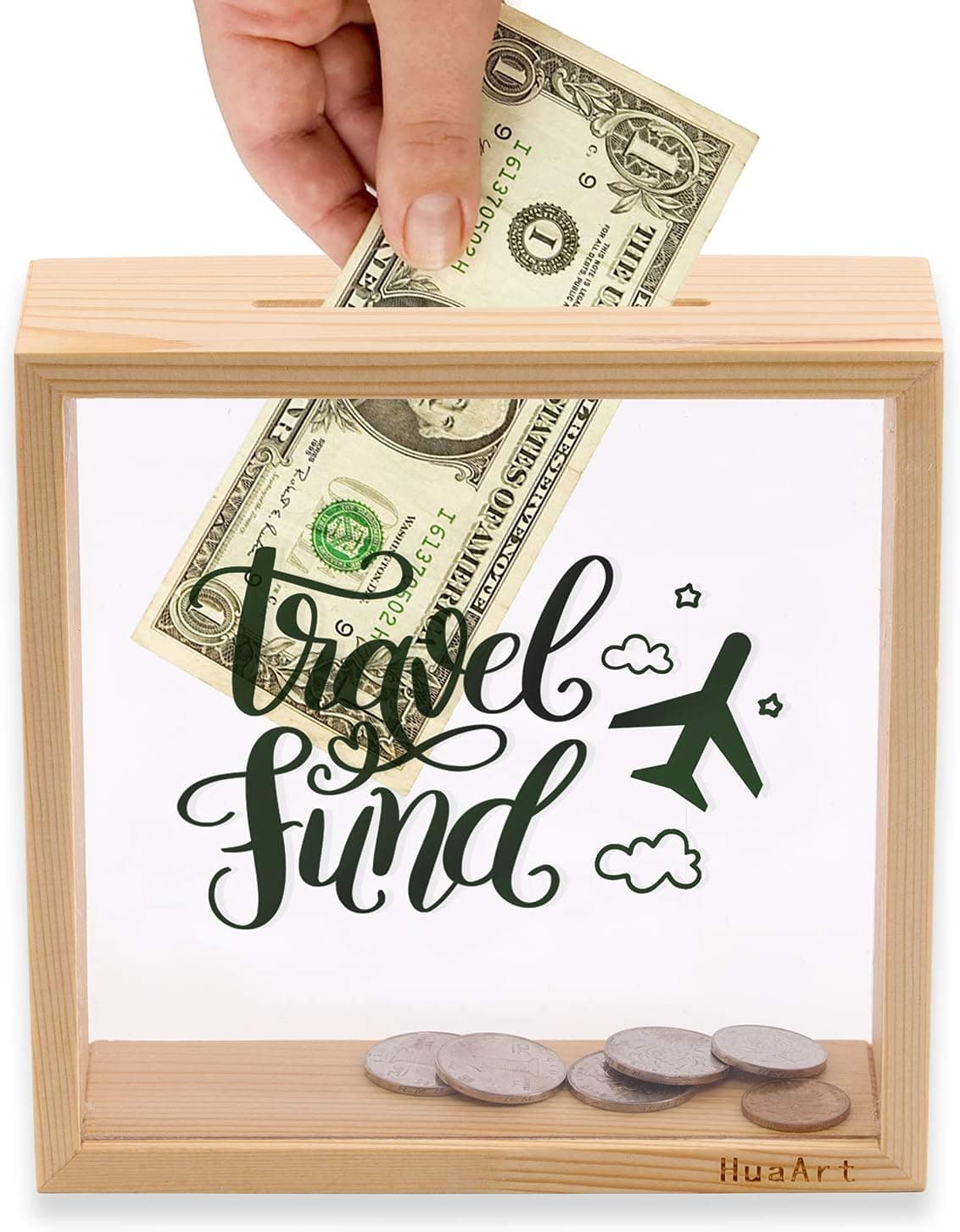 HuaArt Piggy Banks for Adults，Decorative Shadow Box Wooden Frame，Coin Bank Money Bank，Sized 6.5x6.5x2 Inch，Natural Wood Money Box，Travel Fund Printed on The Plexiglass Front.