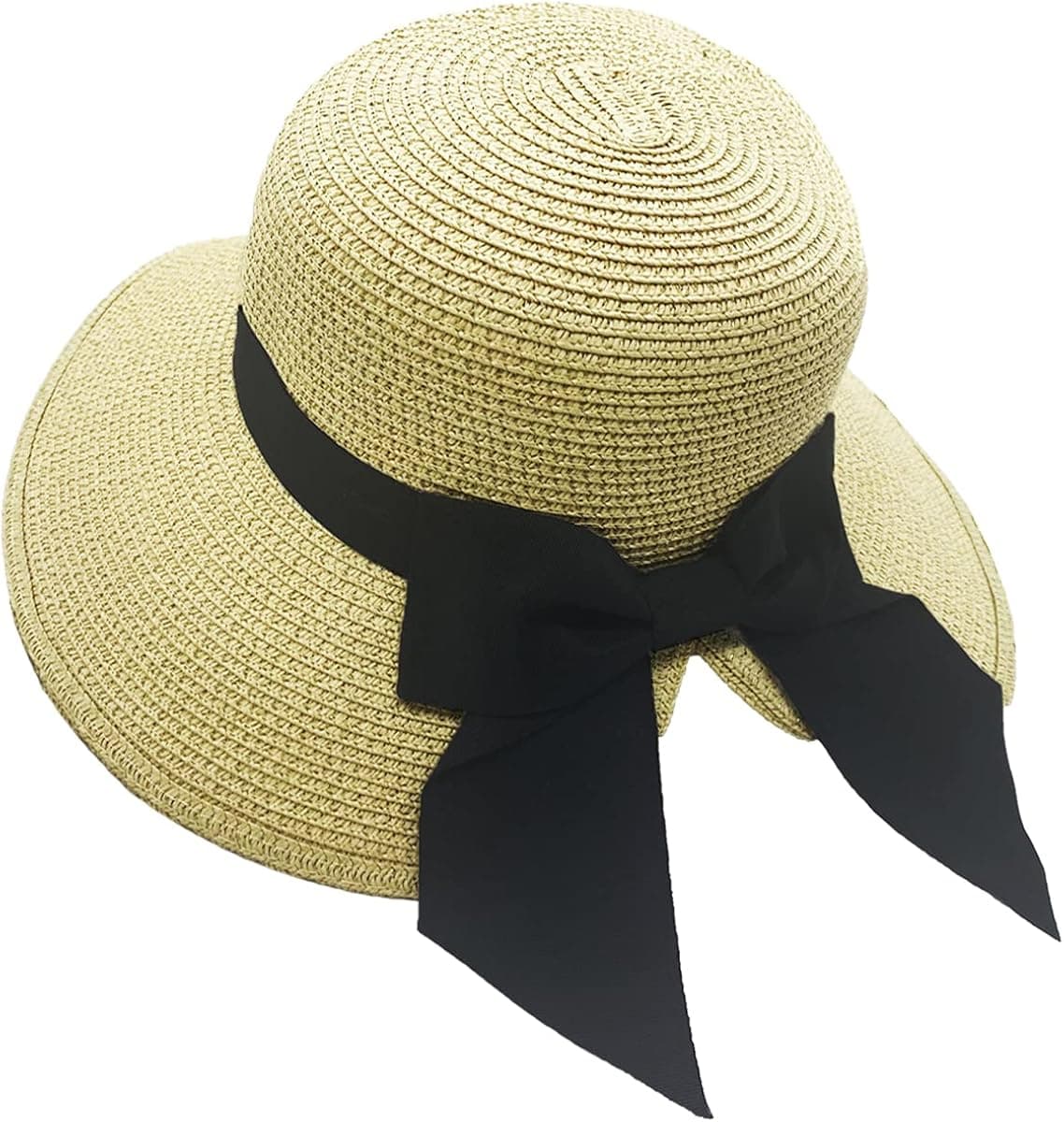 Sun Hat - Womens Straw Beach Summer Cap UPF50+ with 8 Pcs Hair Ring（Beige）