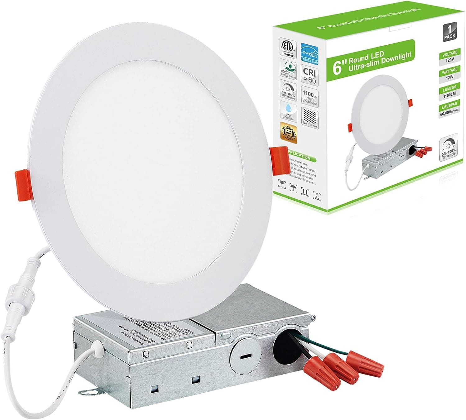 DUNZHITECH 1 Pack 6 Inch Ultra Thin Led Recessed Lights 12W=110W Eqv 3000K Warm 1100LM High Brightness White LED Ceiling Slim Downlight Dimmable Airtight Junction Box Canless IC Rated ETL