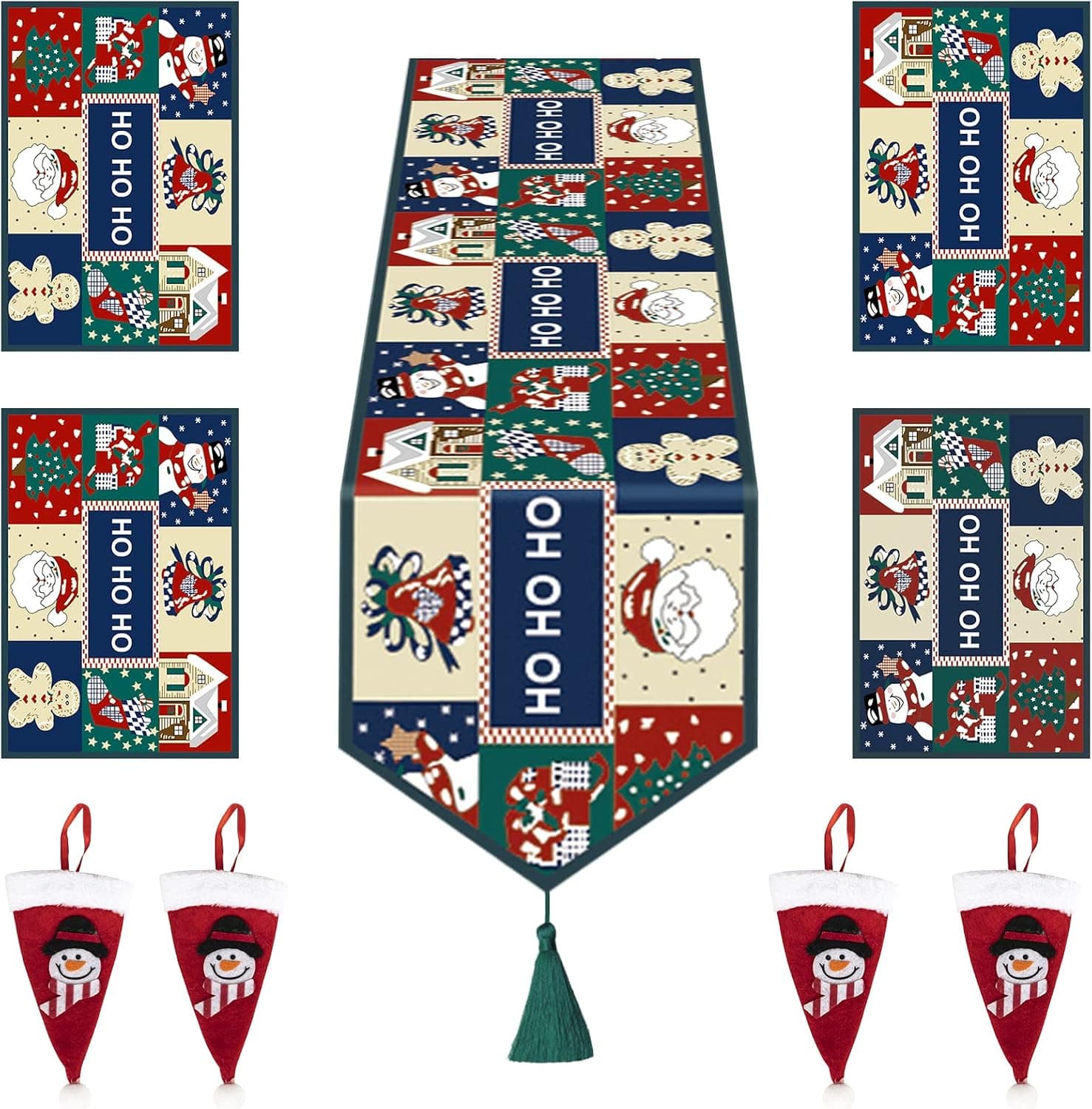 9 Pieces Christmas Table Runner with 4 Placemats 4 Silverware Holders,13x72 Inch Dining Table Runner Decorations, Christmas Theme Painted,Heat Resistant Table Runner Set for Home Christmas Decor