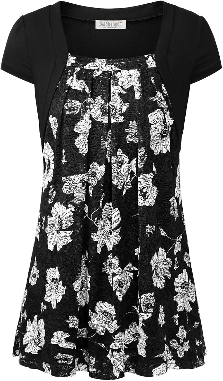 BAISHENGGT Women's Faux Twinset Lace Floral Pleated Front Tunic Top
