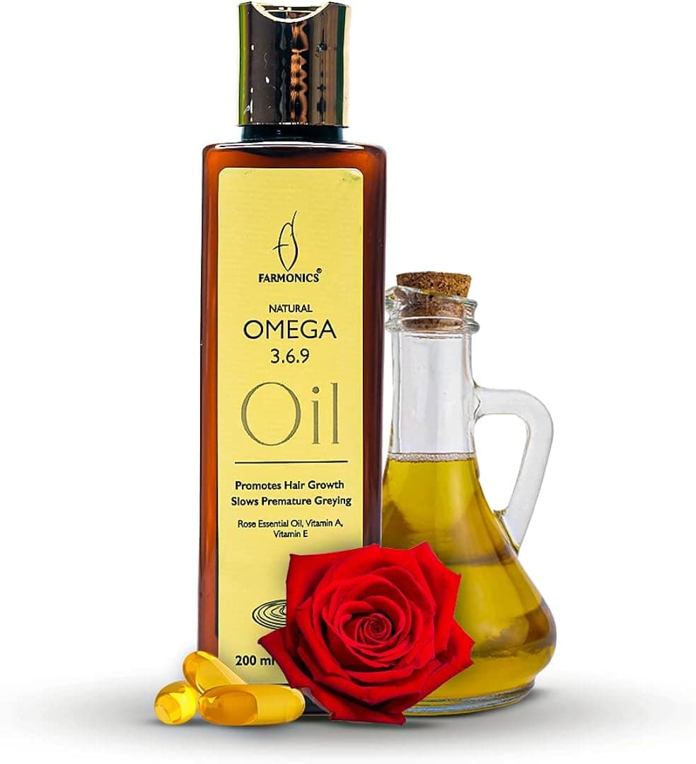 Farmonics Natural Omega 3.6.9 Hair Oil with Omega 3, 6 & 9, Vitamin A & E for breakage & frizz for hair growth | Ideal for Hair Loss&Dandruff| Natural Made, No Silicones&Parabens, No Minerals| 200ml