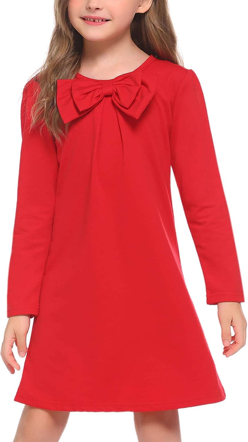 Arshiner Girls Dress Long Sleeve Solid Tunic Dress for Girls with Big Bow Tie