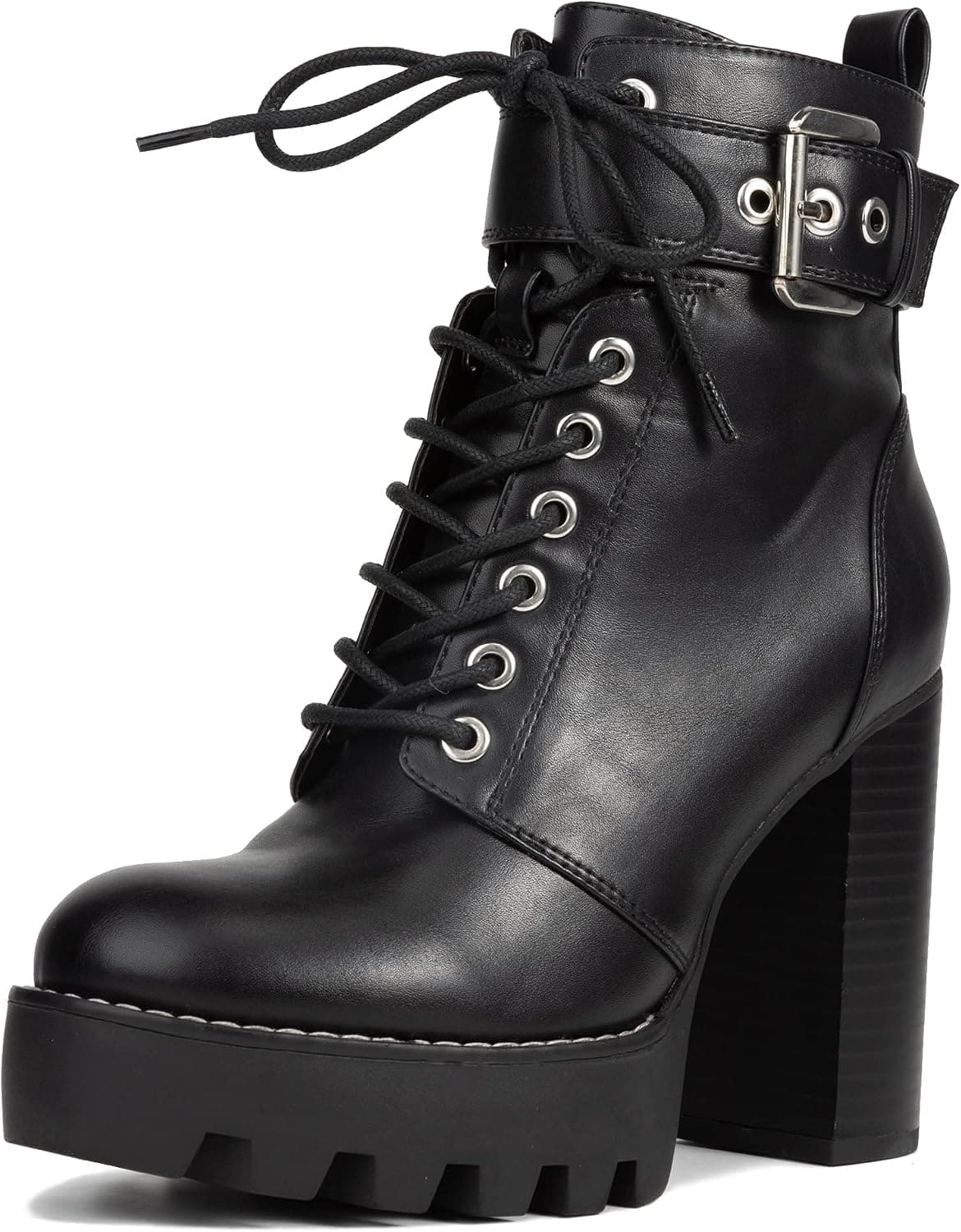 REDTOP Women's Platform Ankle Boots Lace Up Zipper Buckle Boots Chunky High Heel Boots Fashion Round Head Combat Boots Black Size 7.5